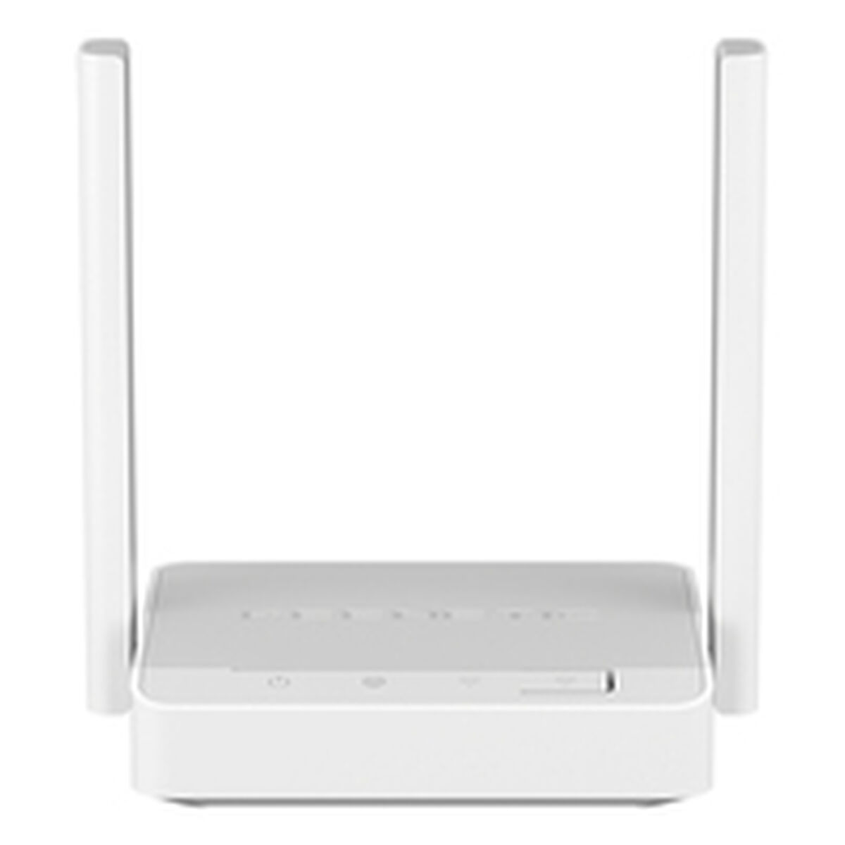 Ein weißer Router mit zwei vertikalen Antennen. Der Router hat einen rechteckigen Körper mit mehreren kleinen Kontrollleuchten.