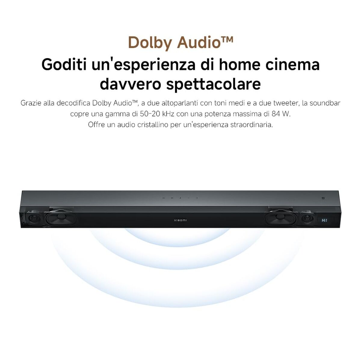 Schwarze Soundbar mit Dolby Audio. Text: 'Genießen Sie ein spektakuläres Heimkinoerlebnis'.