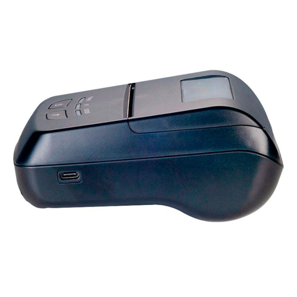 Un dispositivo elettronico blu scuro con pulsanti, uno schermo e una porta USB. Sembra essere un terminale POS o un dispositivo portatile simile.