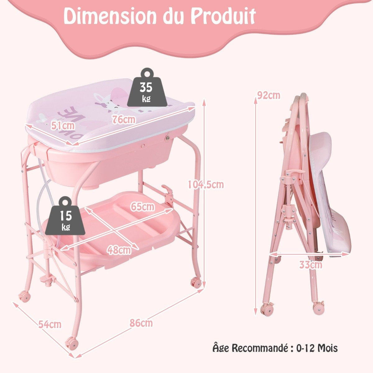 Bañera rosa para bebé con dimensiones etiquetadas. Bañera plegada a la derecha, mostrando dimensiones. Texto: Edad recomendada: 0-12 meses.
