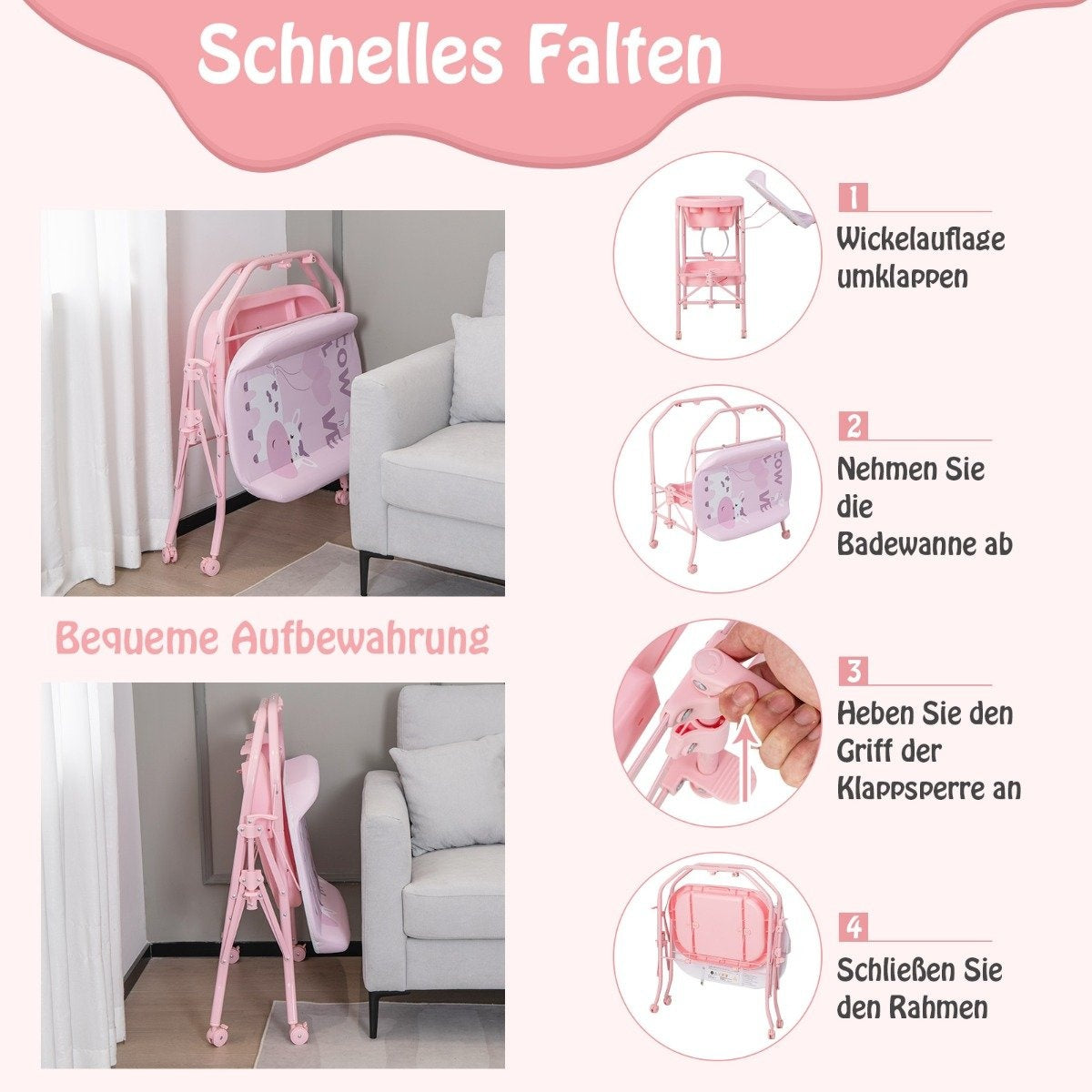 Bañera rosa para bebé con diseño de vaca, plegada y desplegada, cerca de un sofá blanco. Se muestran instrucciones para plegar.