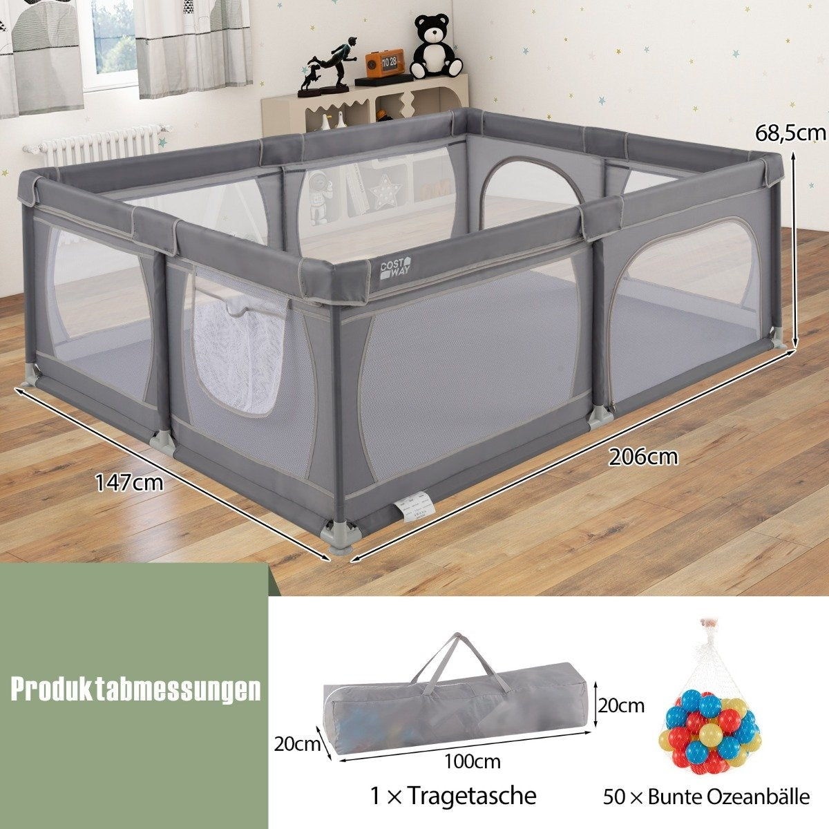Un parque infantil gris con dimensiones, una bolsa de transporte y una red de bolas coloridas se muestran en un suelo de madera.