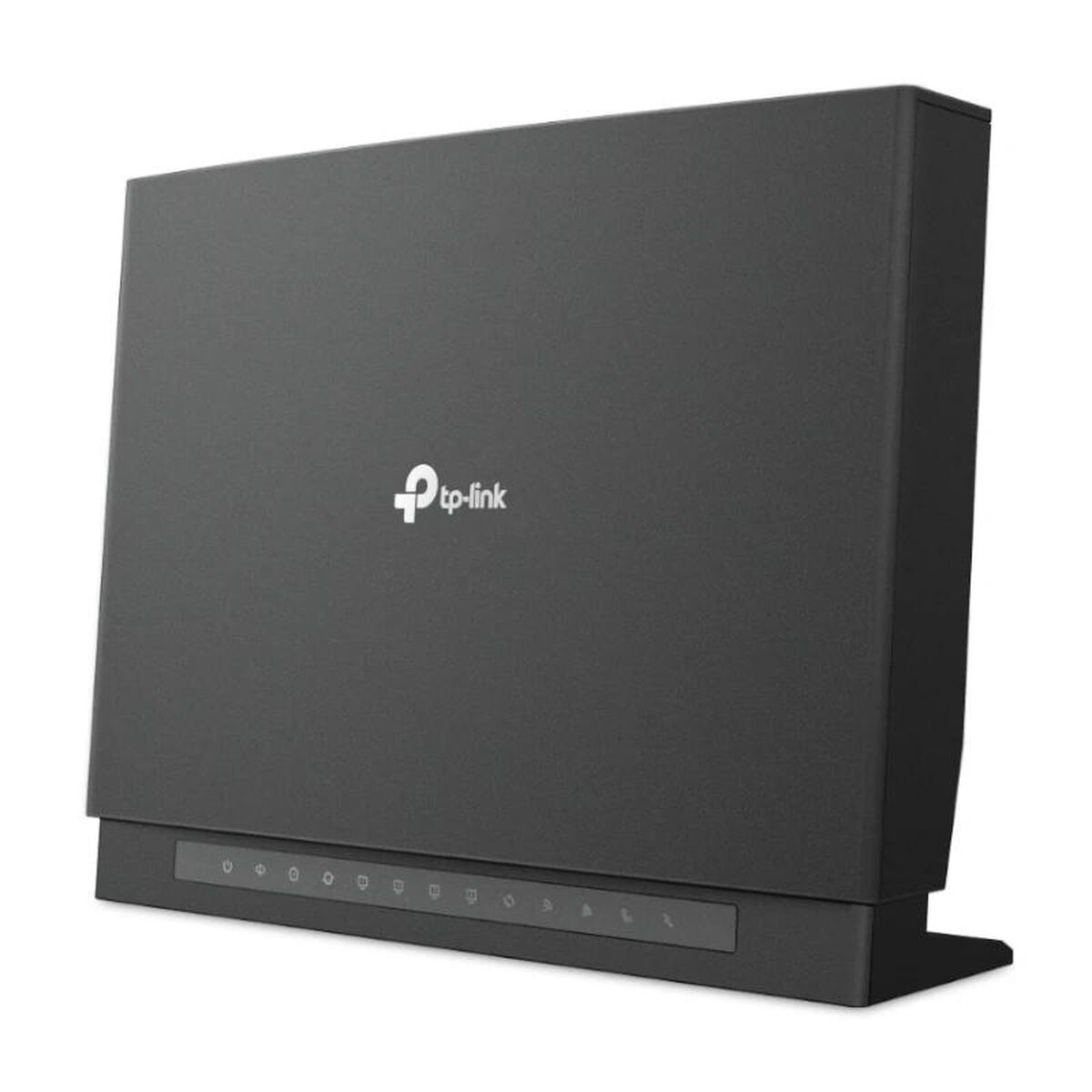Un router TP-Link grigio scuro è appoggiato su una superficie bianca. Ha spie luminose e il logo TP-Link. Il dispositivo è leggermente angolato.