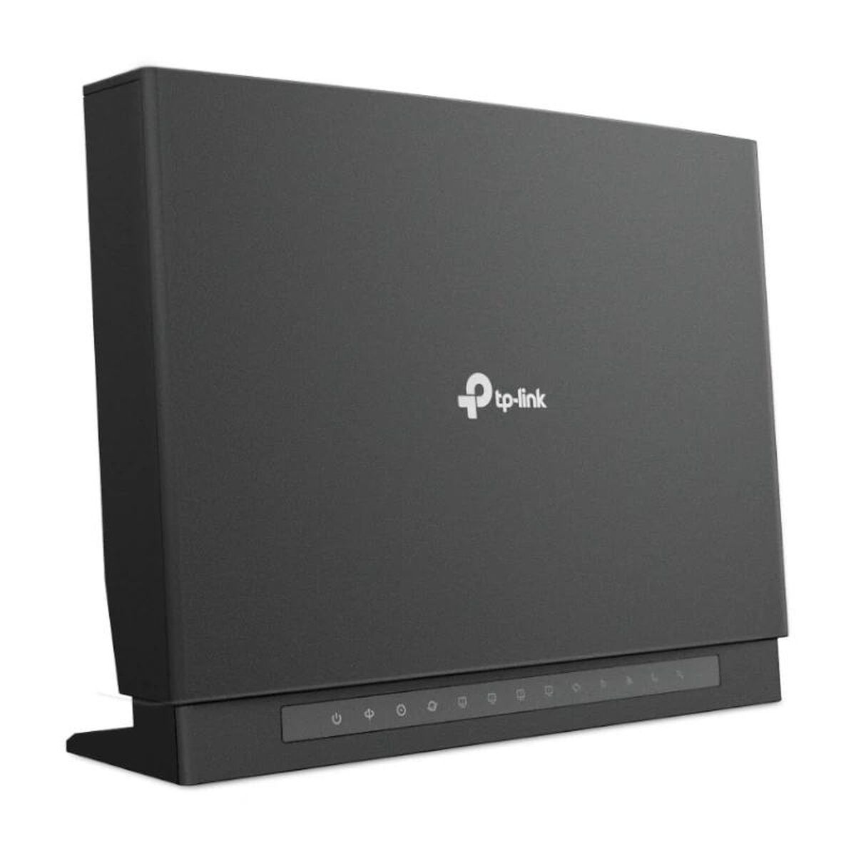 Un router TP-Link grigio scuro è appoggiato su una superficie bianca. Ha un pulsante di accensione e spie di stato. Il logo del marchio è visibile.