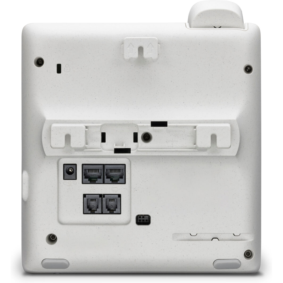Vue arrière d'un appareil blanc avec ports et connecteurs. Inclut ports ethernet, entrée d'alimentation et support.