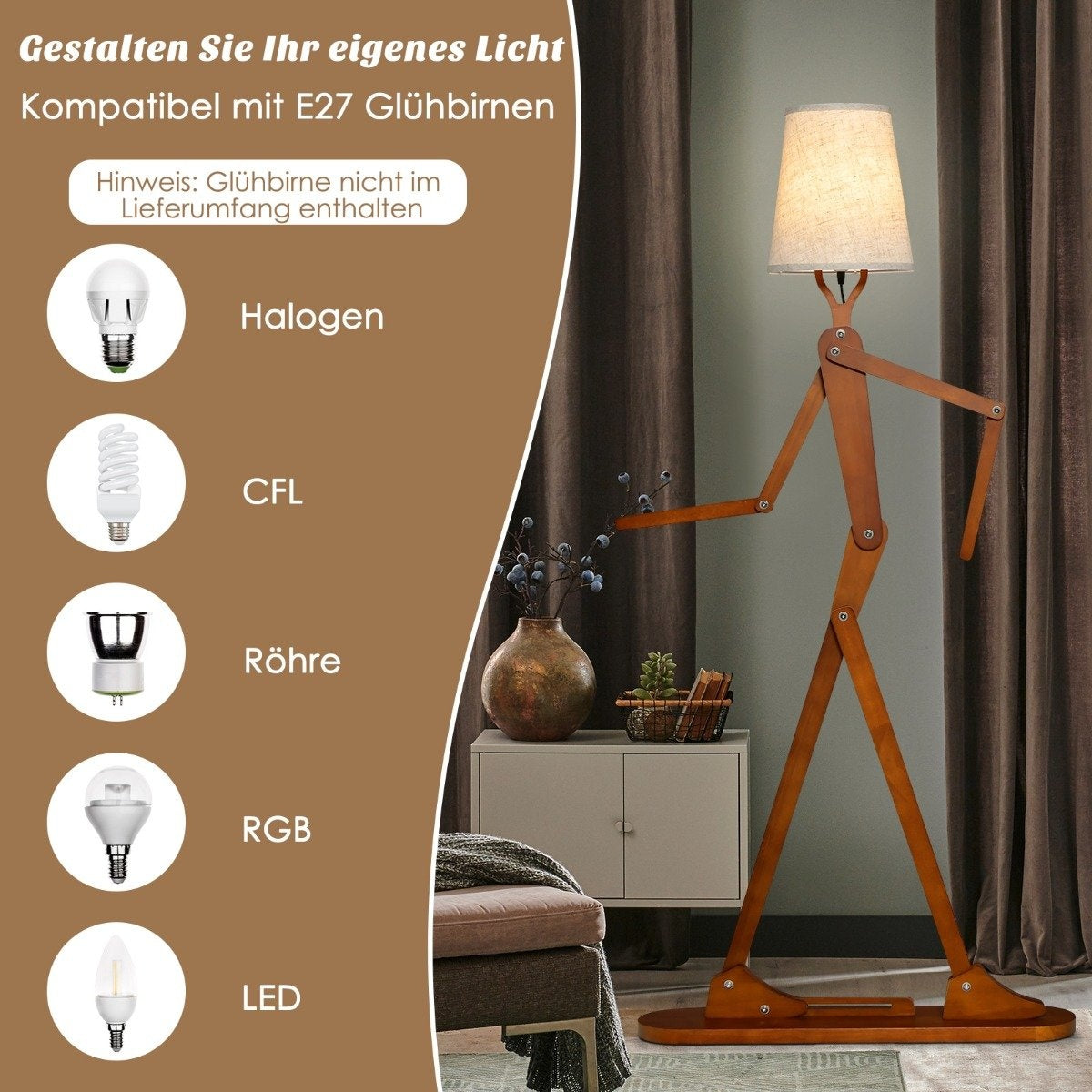 Una lámpara de madera con forma de persona está junto a un armario. Se muestran bombillas con sus tipos: Halógeno, CFL, Röhre, RGB y LED.