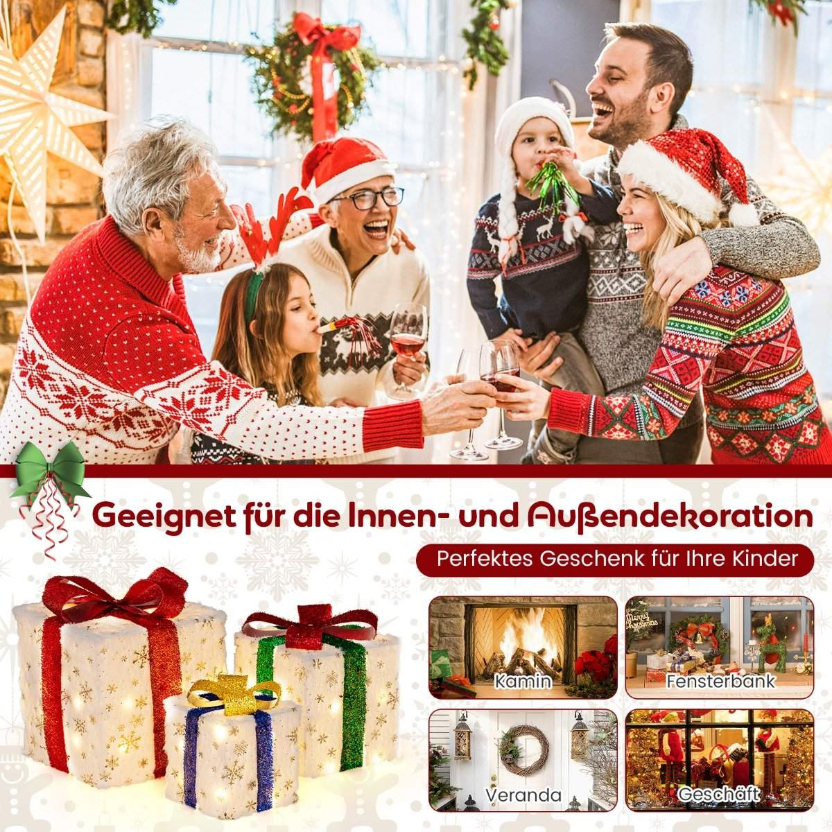 Familia celebrando Navidad. Personas con suéteres festivos, sosteniendo copas de vino y sonriendo. Regalos, chimenea y escaparates son visibles.