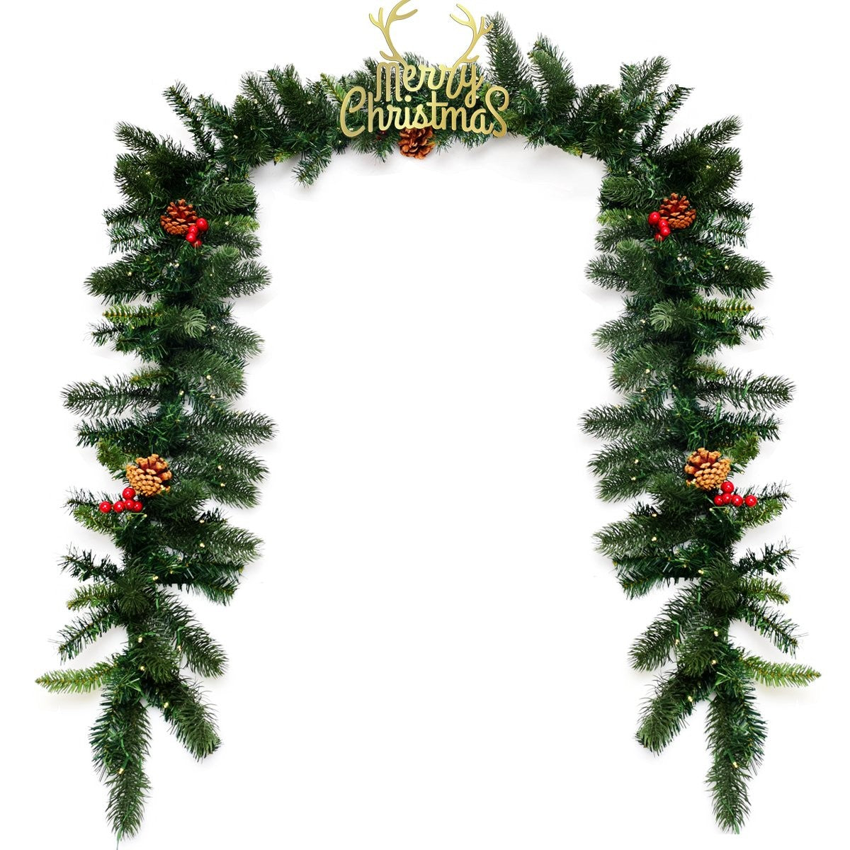 Una guirnalda navideña en forma de arco. Decorada con piñas, bayas rojas y un letrero dorado de 'Feliz Navidad'.