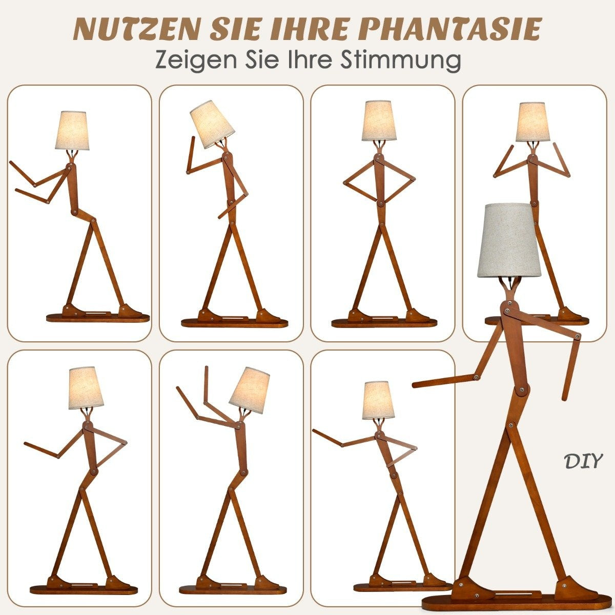 Figuras de lámparas de madera en varias poses. Cada una tiene una pantalla. El fondo es blanco. Texto en alemán arriba: Usa tu imaginación.