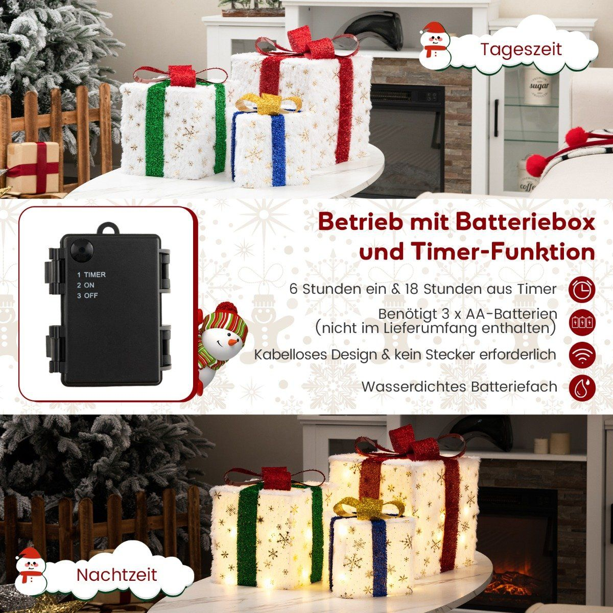 Cajas de regalo navideñas con lazos rojos. Detalle de la caja de la batería. Texto en alemán sobre la función de temporizador y batería.