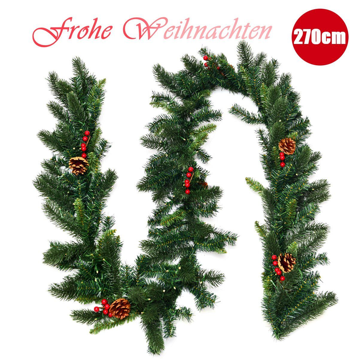 Una guirnalda navideña verde con bayas rojas y piñas. El texto rojo dice 'Frohe Weihnachten' y '270cm'.