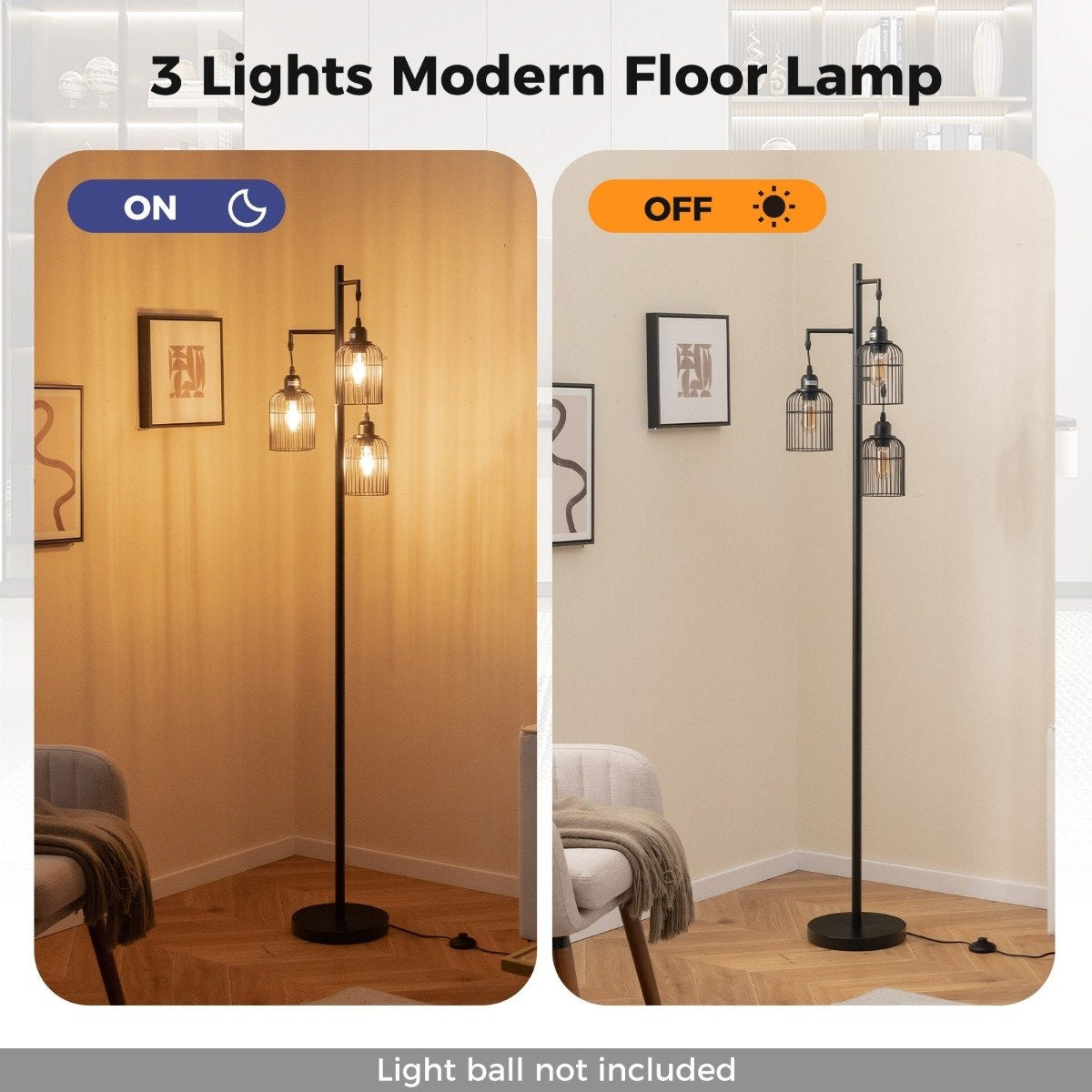 Una lámpara de pie moderna con tres luces se muestra encendida y apagada. La lámpara tiene un soporte negro con pantallas tipo jaula.