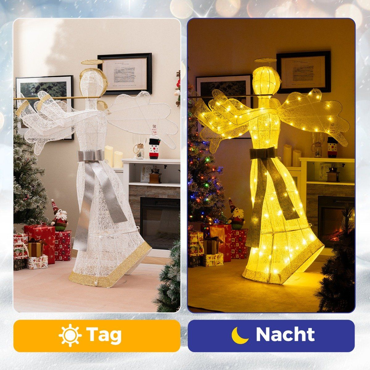 Dos imágenes. Izquierda: Decoración de ángel. Derecha: Mismo ángel iluminado con luces. Árbol de Navidad y regalos también visibles en el fondo.