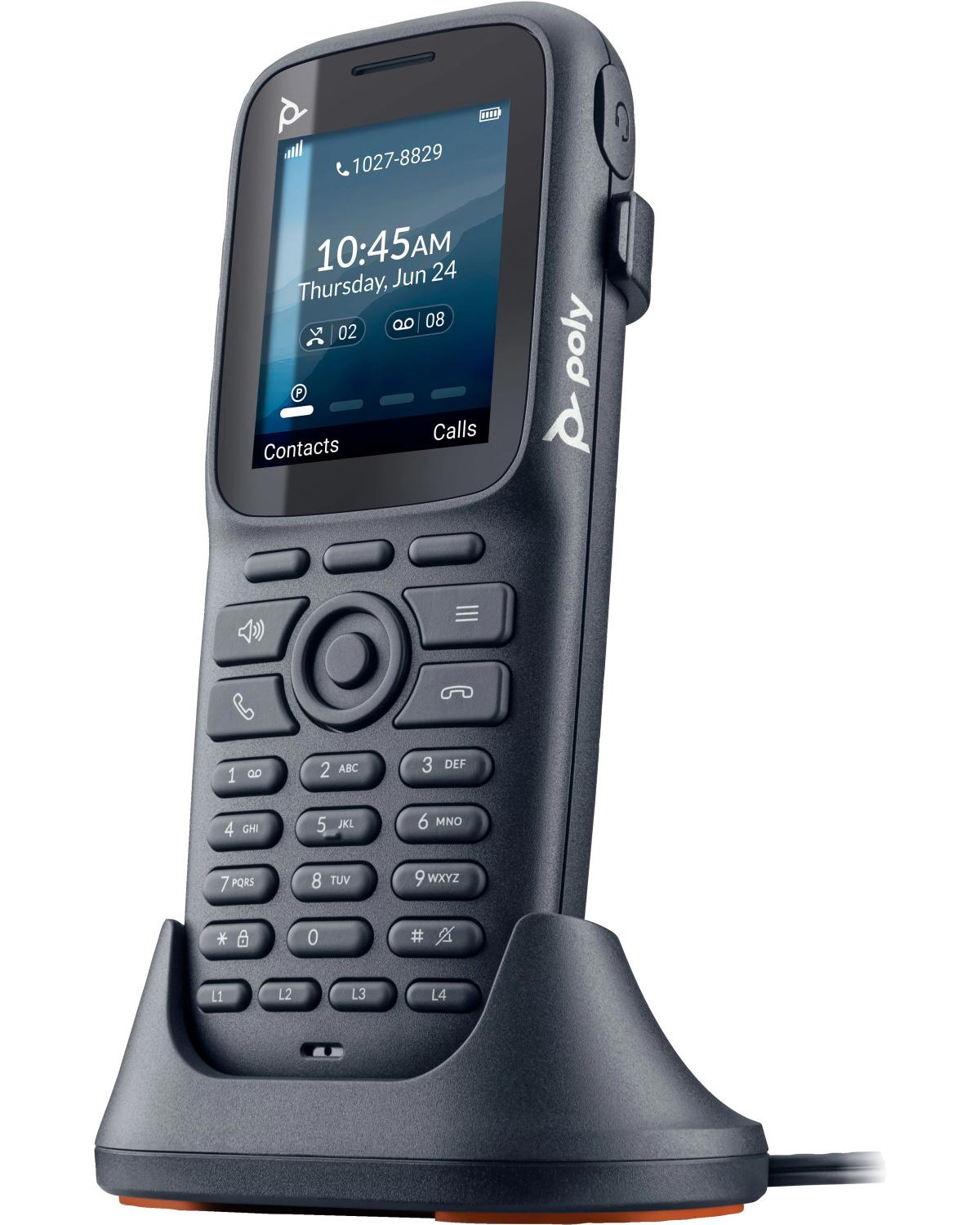 Un telefono Poly grigio scuro con uno schermo che mostra l'ora e la data. Poggia su una base coordinata. Sono visibili pulsanti e un tastierino numerico.