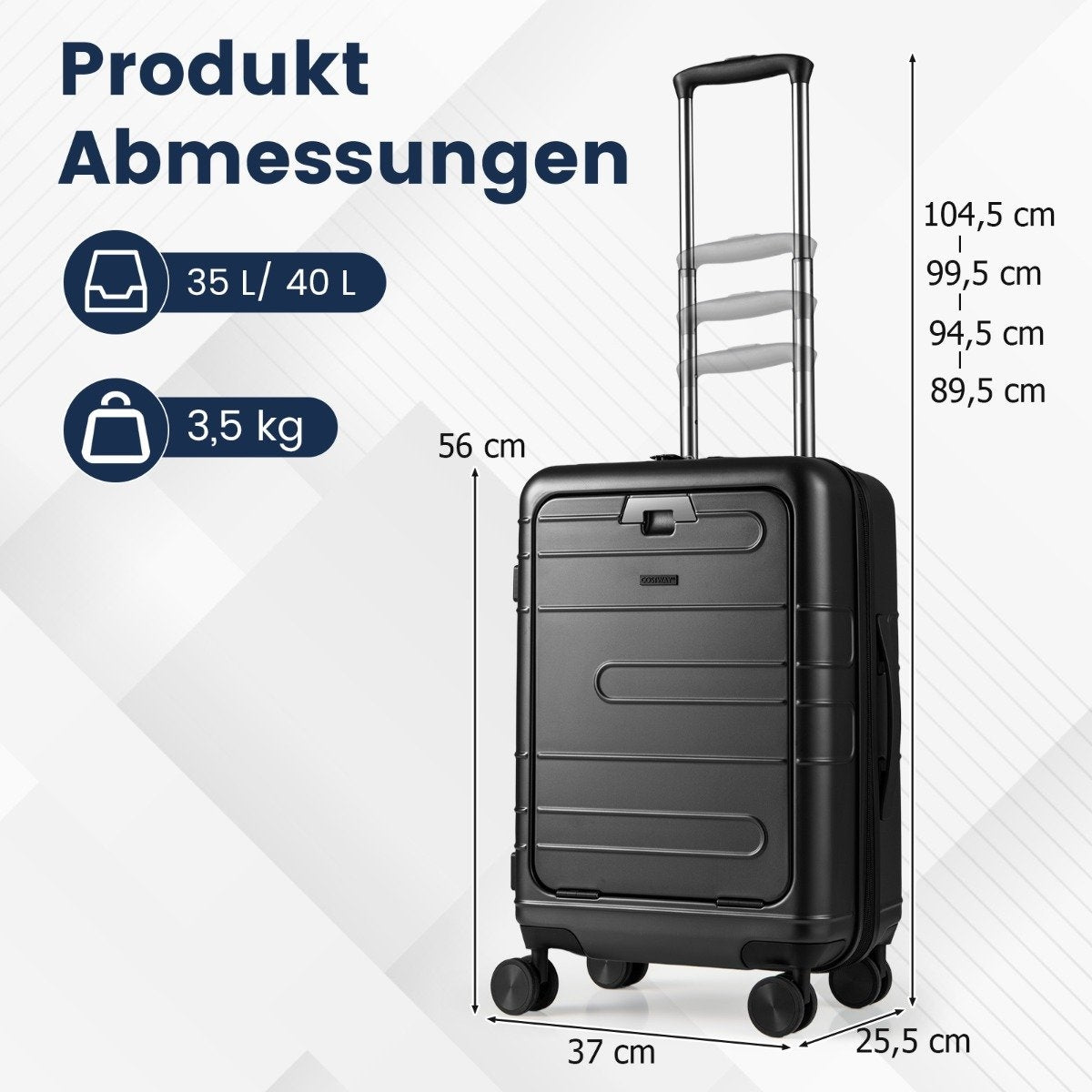 Maleta negra con detalles de dimensiones y capacidad. Superposición de texto muestra tamaño: 35L/40L, 3,5 kg y dimensiones en cm.