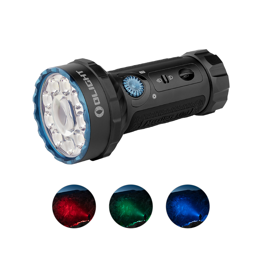 Schwarz-blaue Taschenlampe mit drei Beispielen für Lichtfarben: Rot, Grün und Blau, die jeweils auf eine Person scheinen.