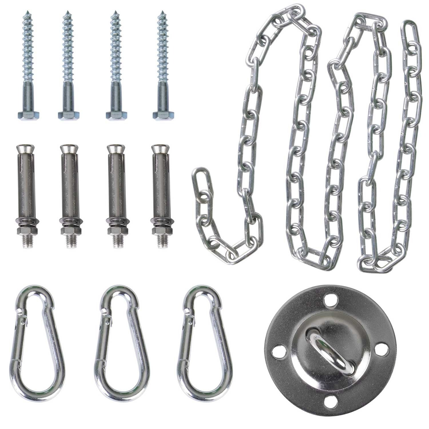 La imagen muestra tornillos, tacos, mosquetones, cadenas y un soporte de techo, todos plateados, sobre fondo blanco.