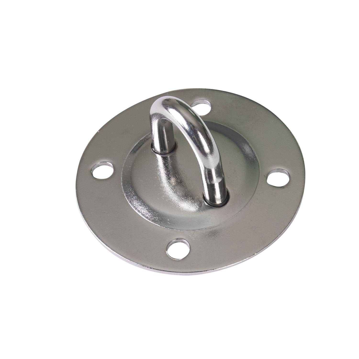 Un gancho de techo metálico. Tiene una base circular con agujeros y un gancho curvado. El gancho es brillante, y la base es plateada mate.