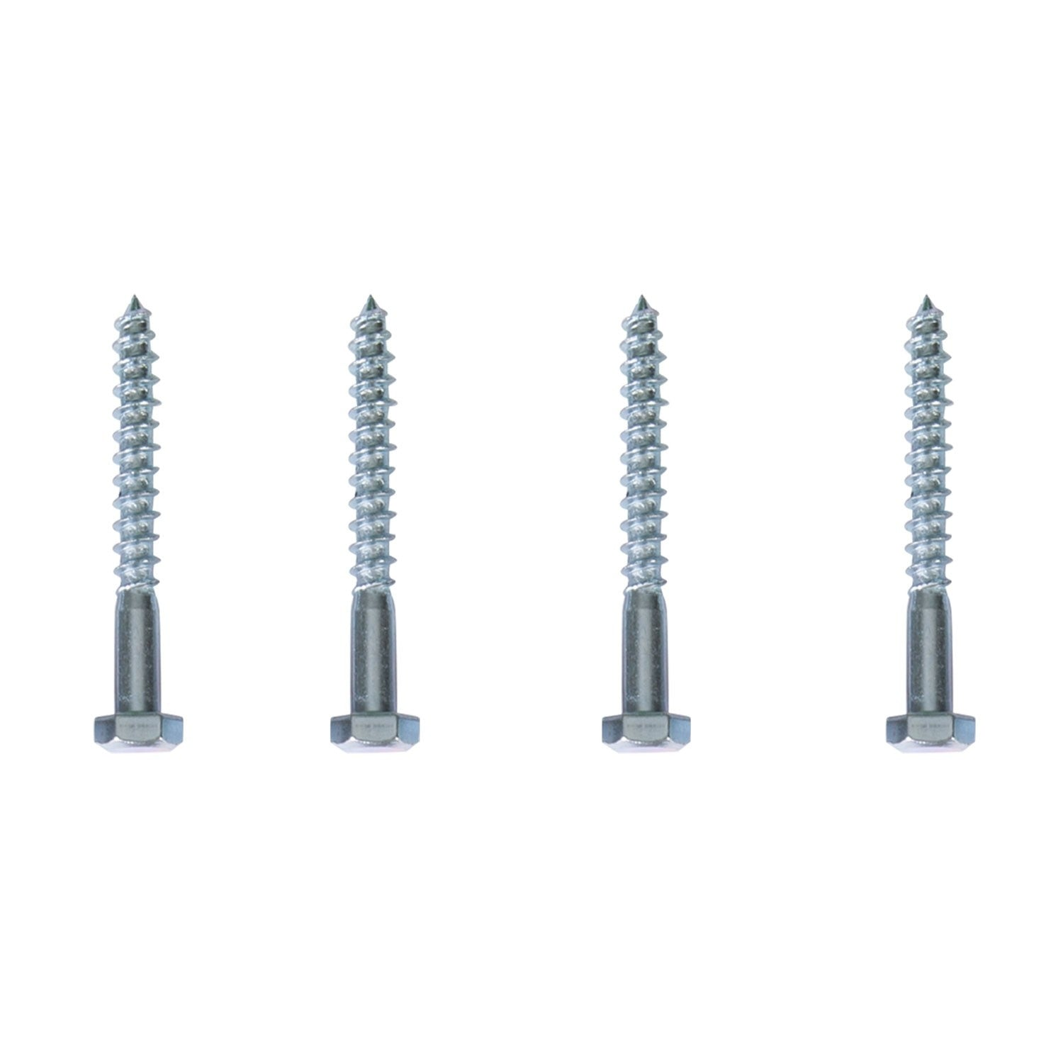 Cuatro tornillos plateados con cabezas hexagonales están dispuestos verticalmente sobre un fondo blanco.