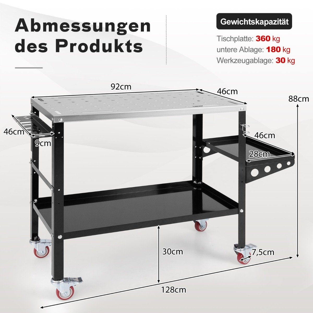 Un carrito de metal negro con dimensiones etiquetadas. Tiene un estante superior, un estante inferior, un estante lateral y ruedas.