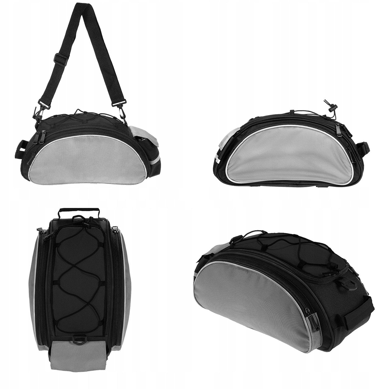 Cuatro vistas de una bolsa de bicicleta negra y gris. Tiene una correa para el hombro, un ribete plateado y una parte delantera gris curvada.