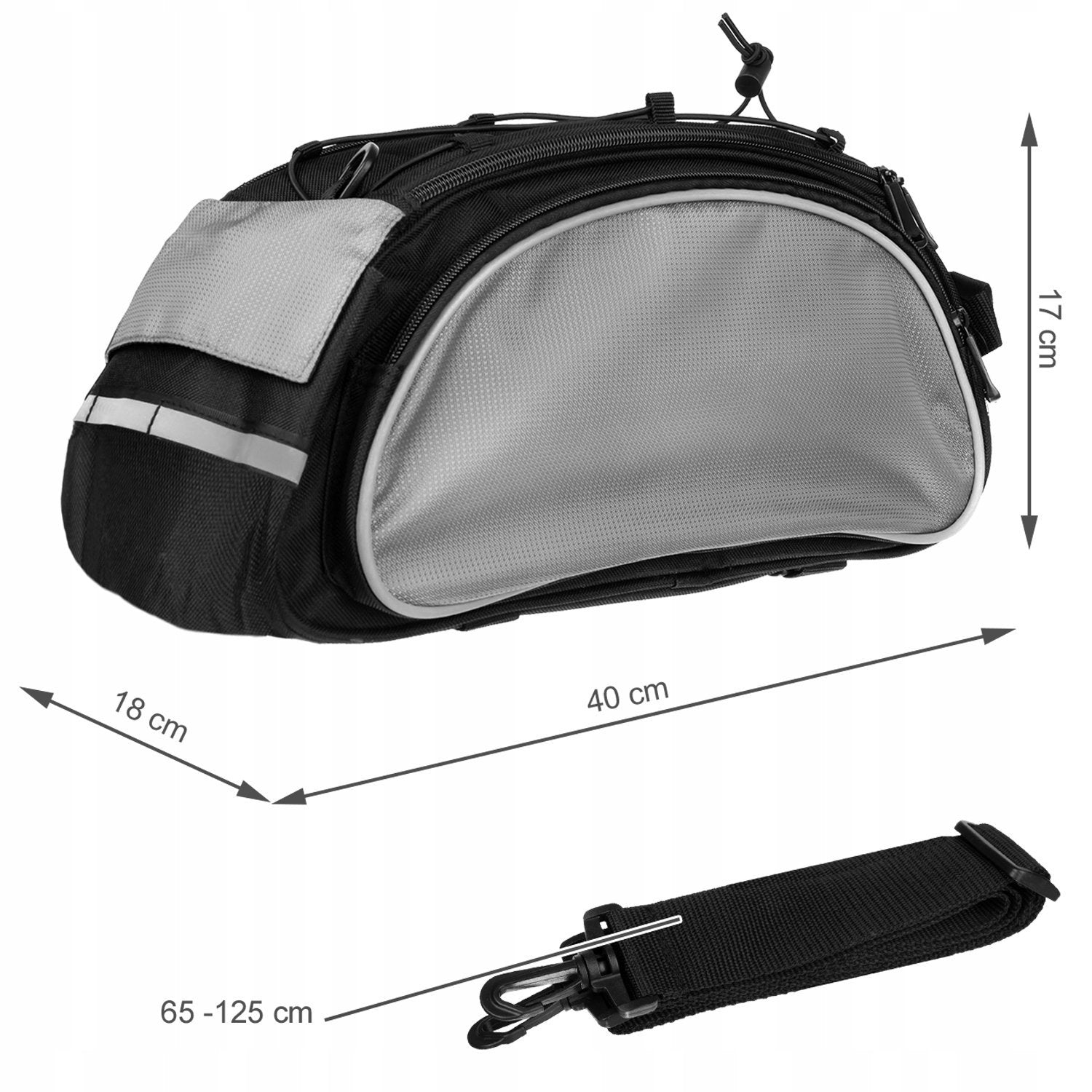 Bolsa de bicicleta negra y gris con dimensiones. Incluye correa y detalles reflectantes. Las medidas se dan en cm.