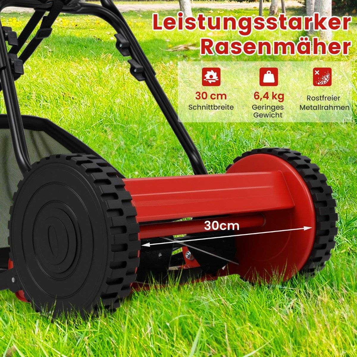 Un cortacéspedes rojo y negro sobre hierba verde. El texto incluye '30cm', '6,4 kg' y 'Rostfreier Metallrahmen'.