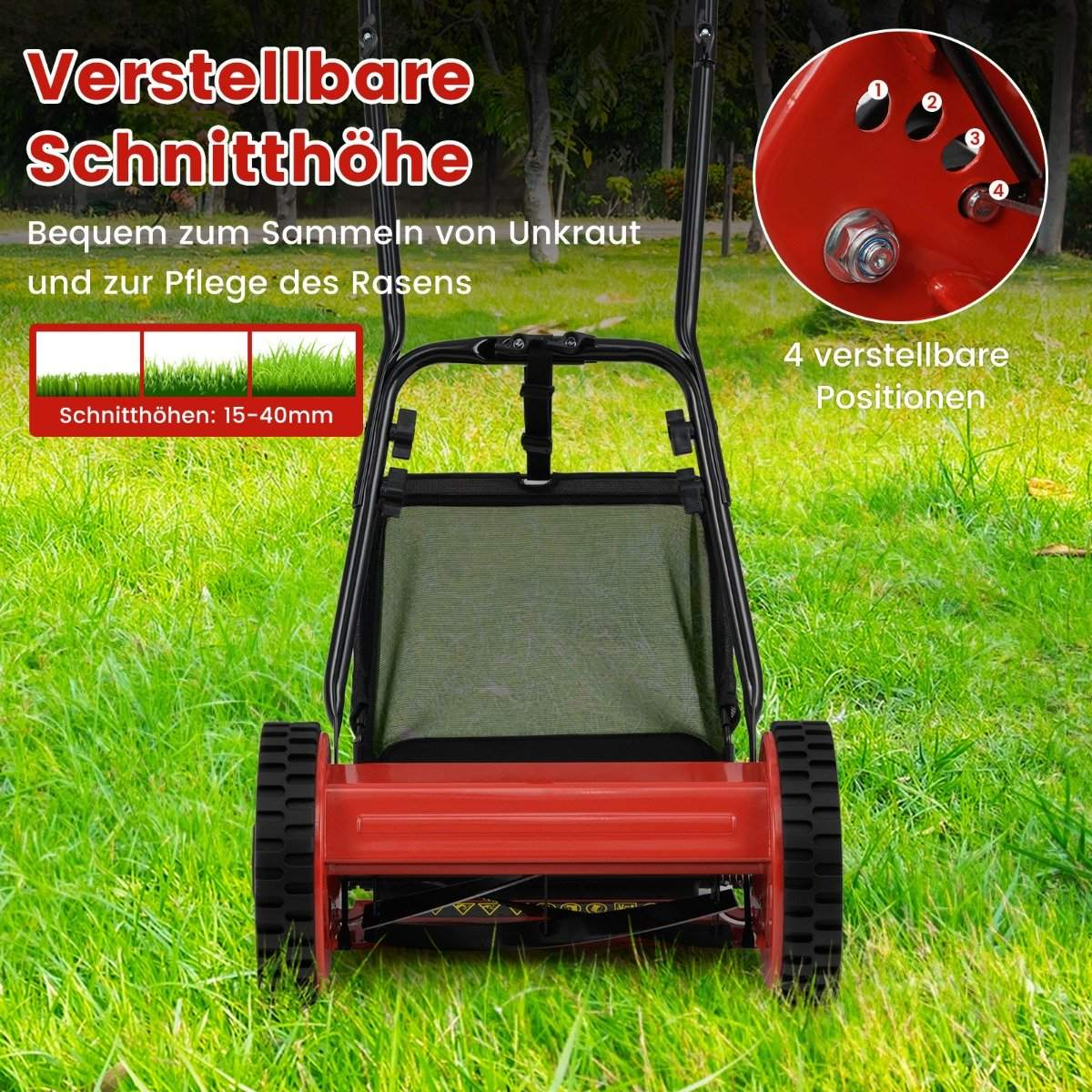 Cortacésped rojo sobre césped verde. El texto indica altura de corte ajustable, recolección de malezas y cuidado del césped. Primer plano muestra ajustes de altura numerados.