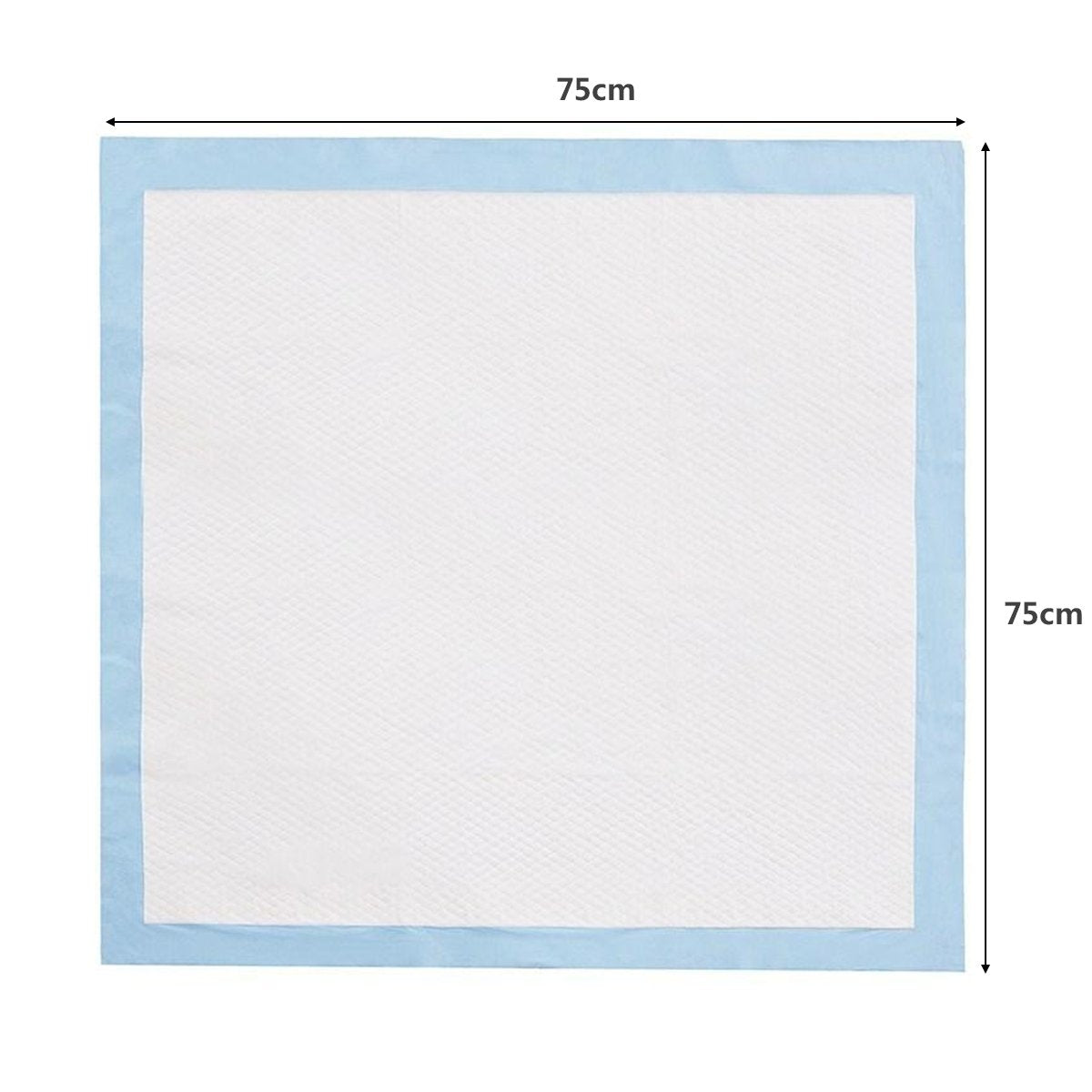 Una almohadilla cuadrada blanca con un borde azul claro. Las medidas de 75 cm se indican en dos lados.