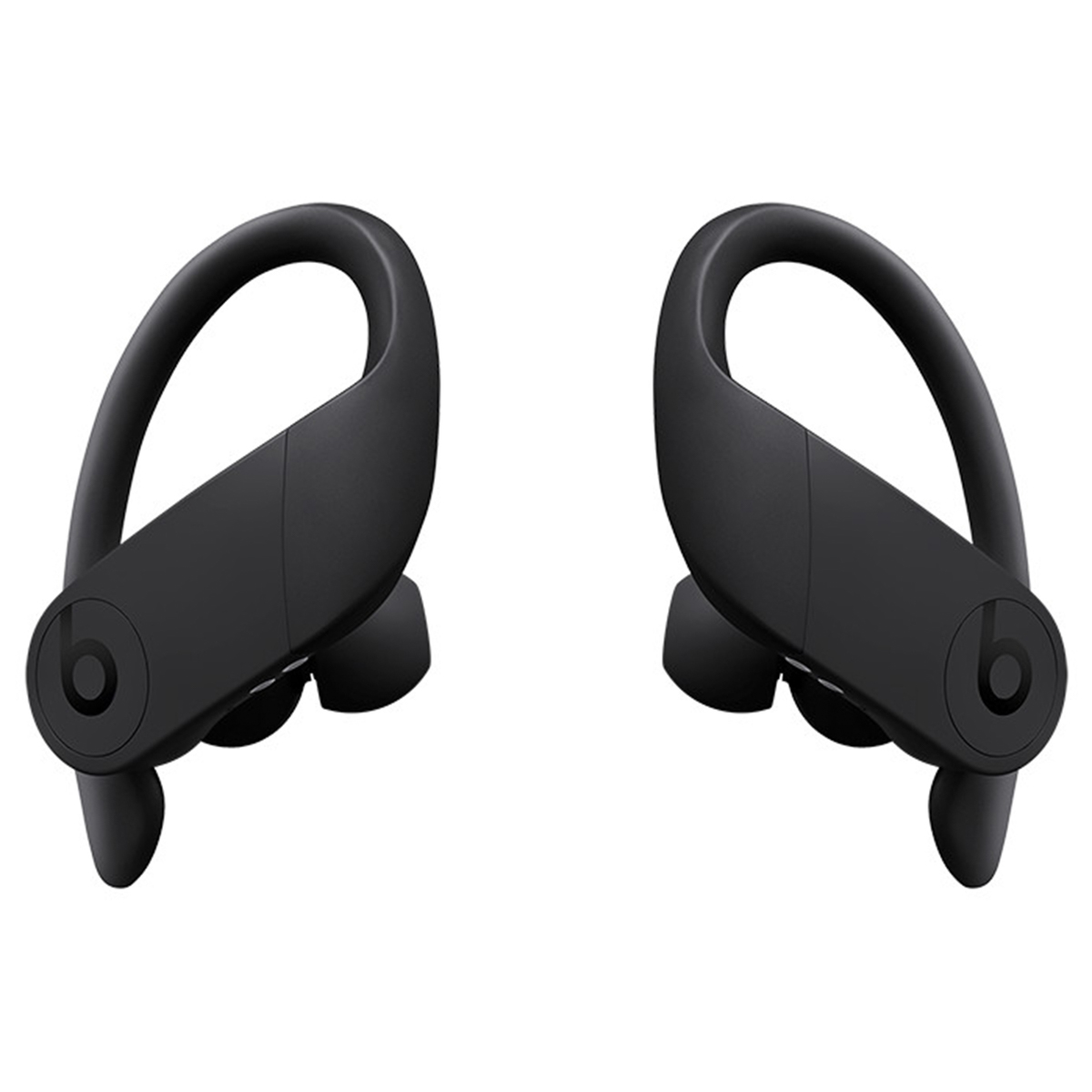 Two black Beats Powerbeats Pro earbuds with ear hooks, set against a white background. The Beats logo is visible on each.