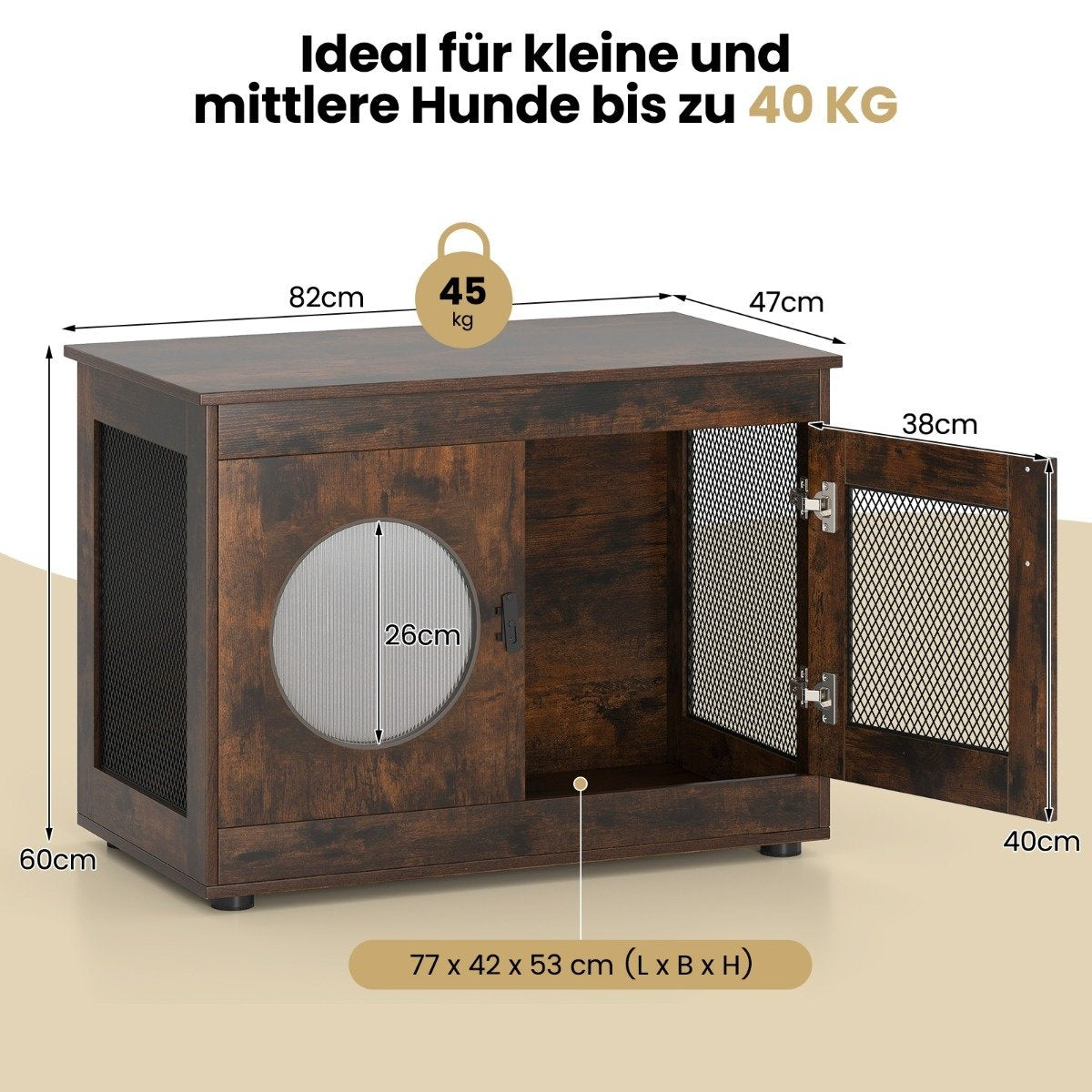 Casa para perros de madera con medidas y texto en alemán, mostrando dimensiones y capacidad para perros hasta 40 kg.