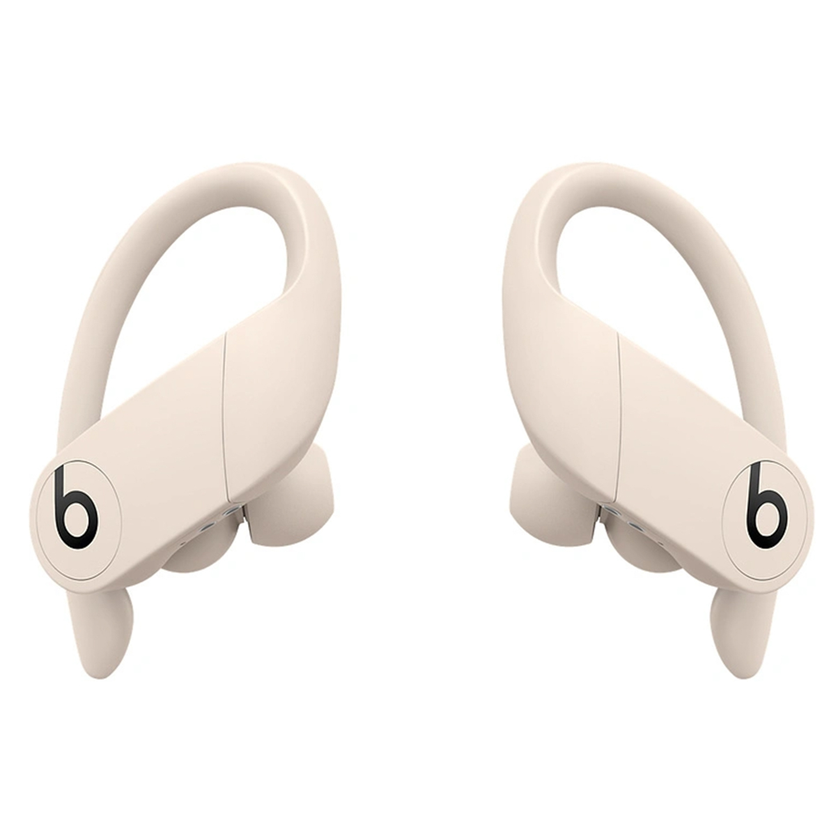 Two beige Beats Powerbeats Pro earbuds on white background. Each has a 'b' logo.