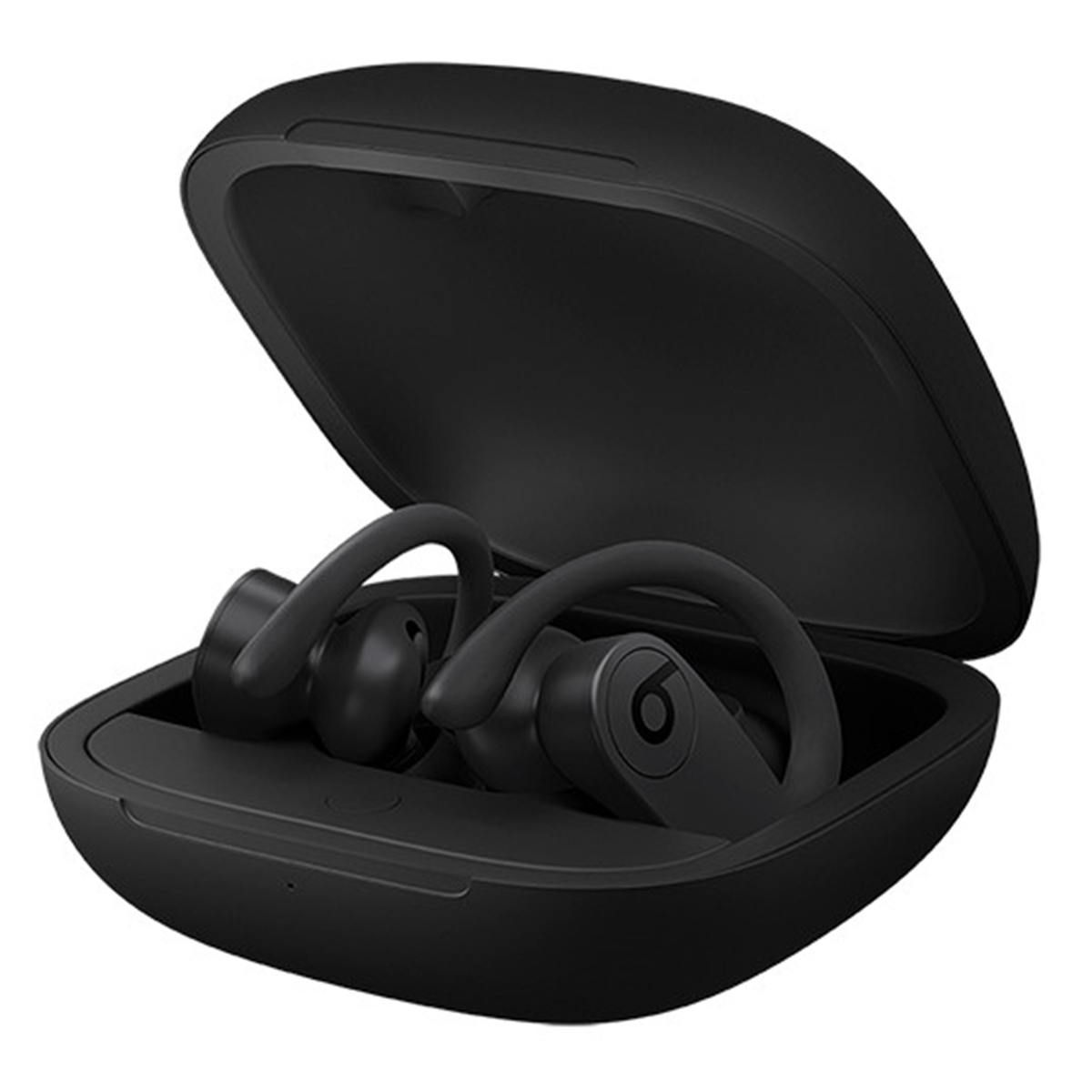 Black Beats earbuds inside an open black case. The earbuds have a curved design and the case is rectangular.