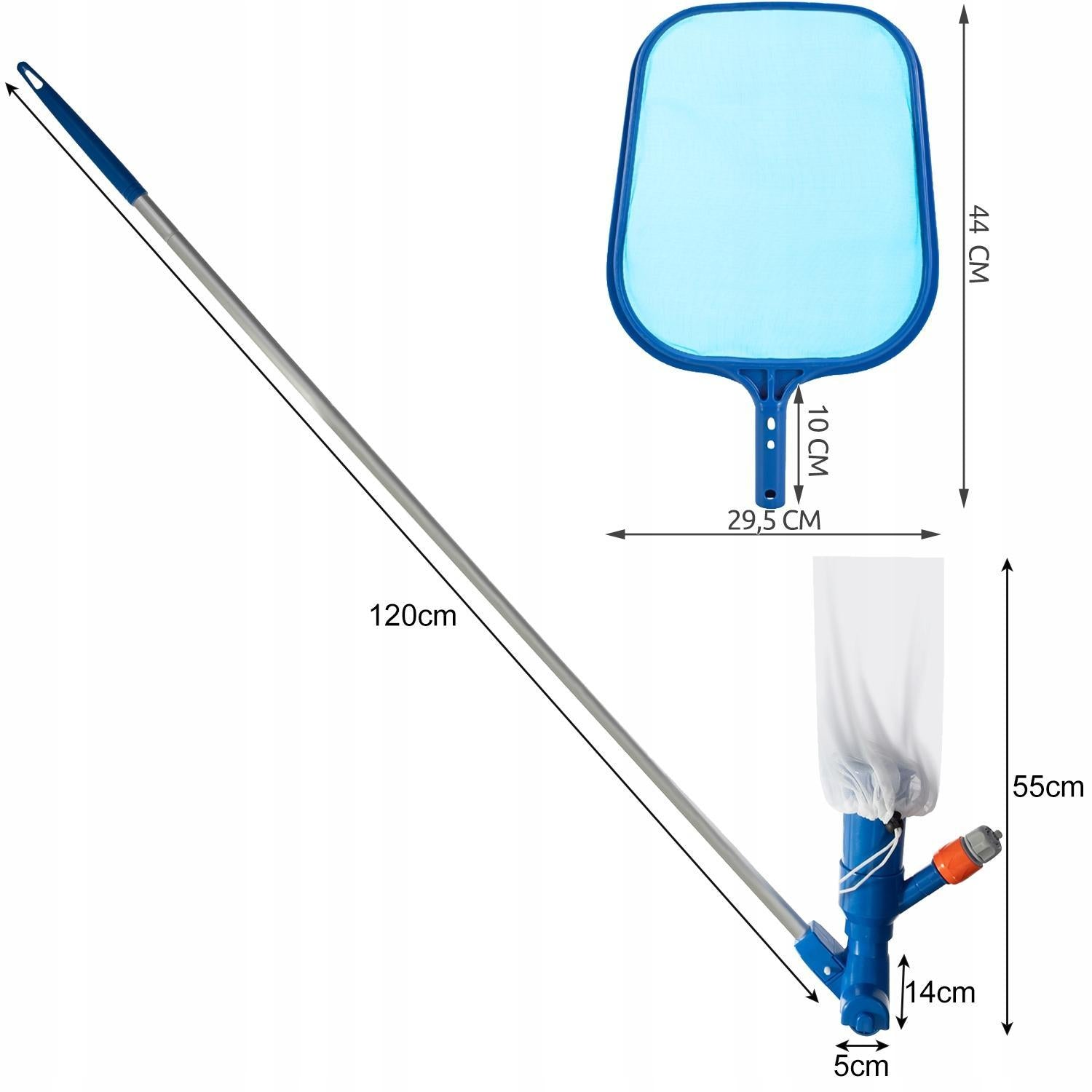 Un kit de limpieza de piscinas con mango largo, red y bolsa filtrante. Dimensiones etiquetadas. Presenta colores azul, plateado y blanco.