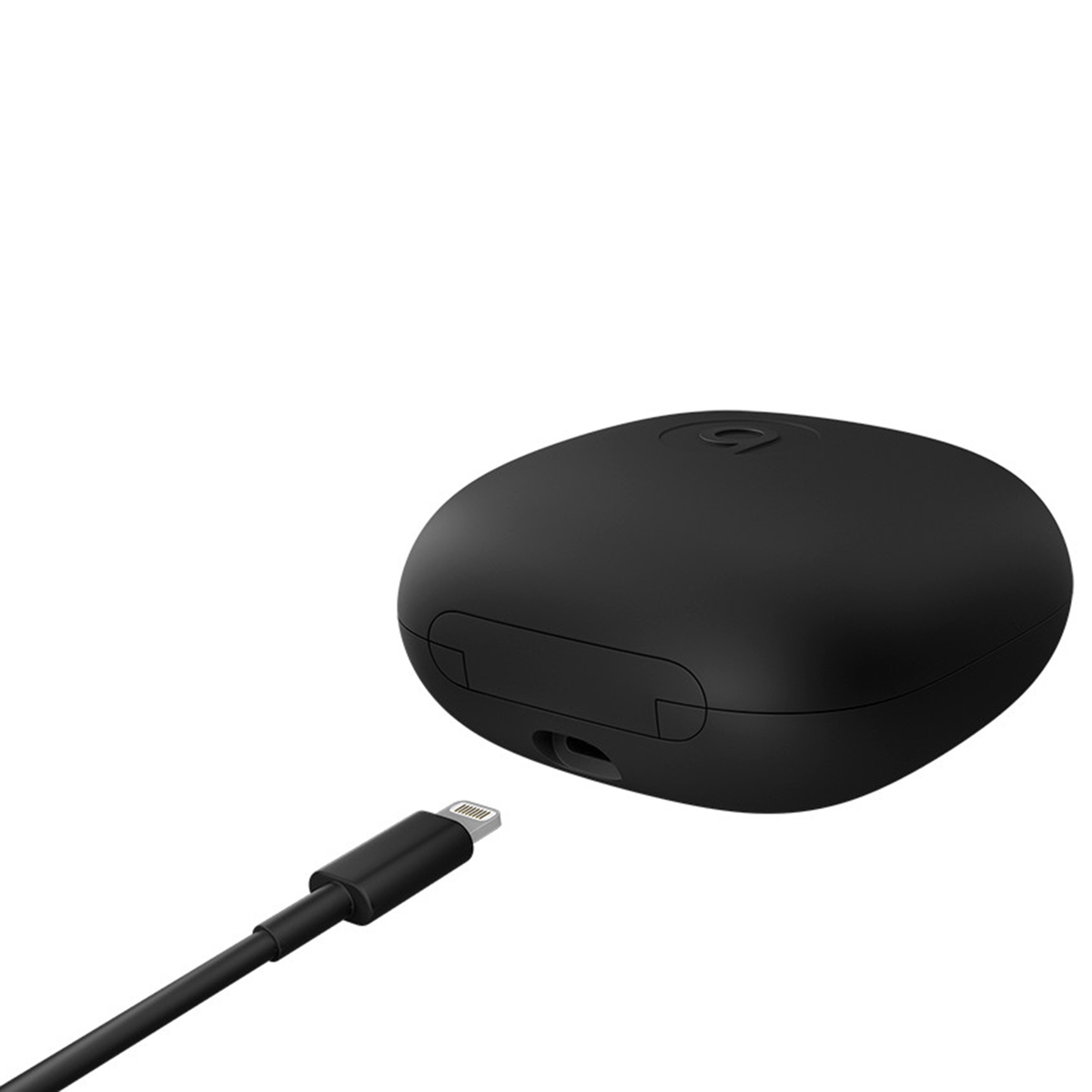 Black Beats earbuds charging case with a lightning cable plugged in. The case is oval-shaped with the Beats logo.