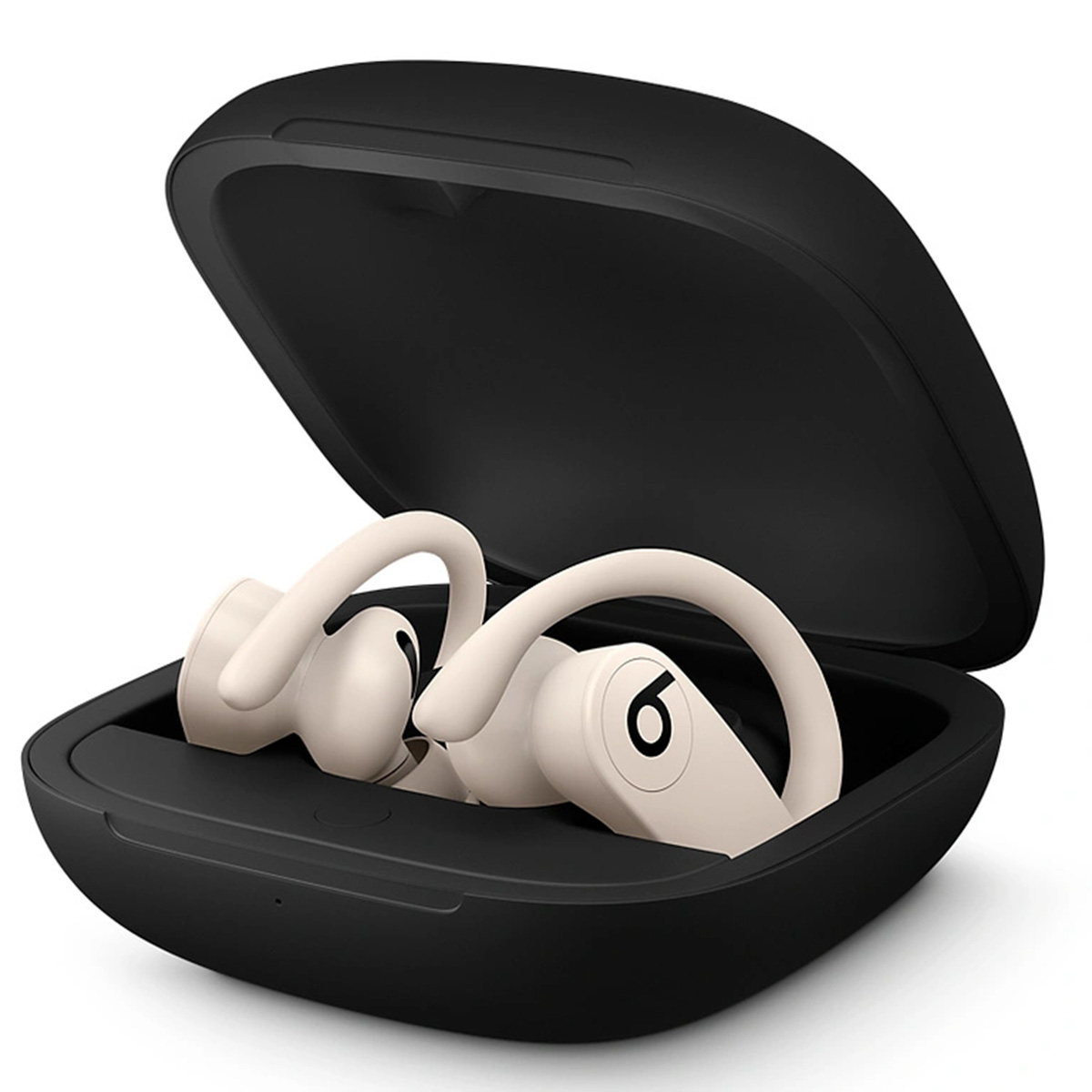Beige earbuds rest in an open black case. Earbuds have ear hooks. The case is open on a white background.