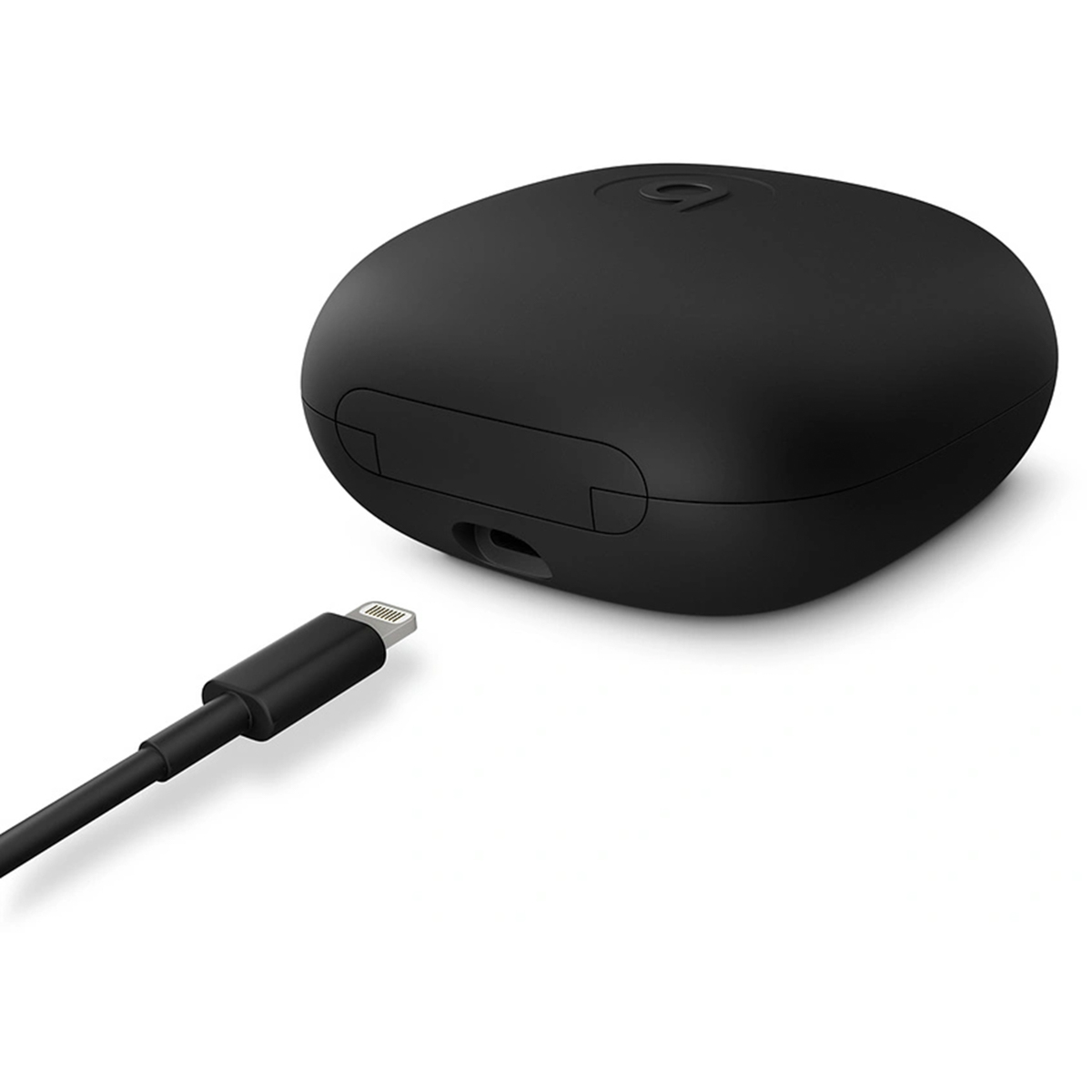 A black Beats earbud charging case and a black lightning cable on a white background. The cable is plugged into the case.