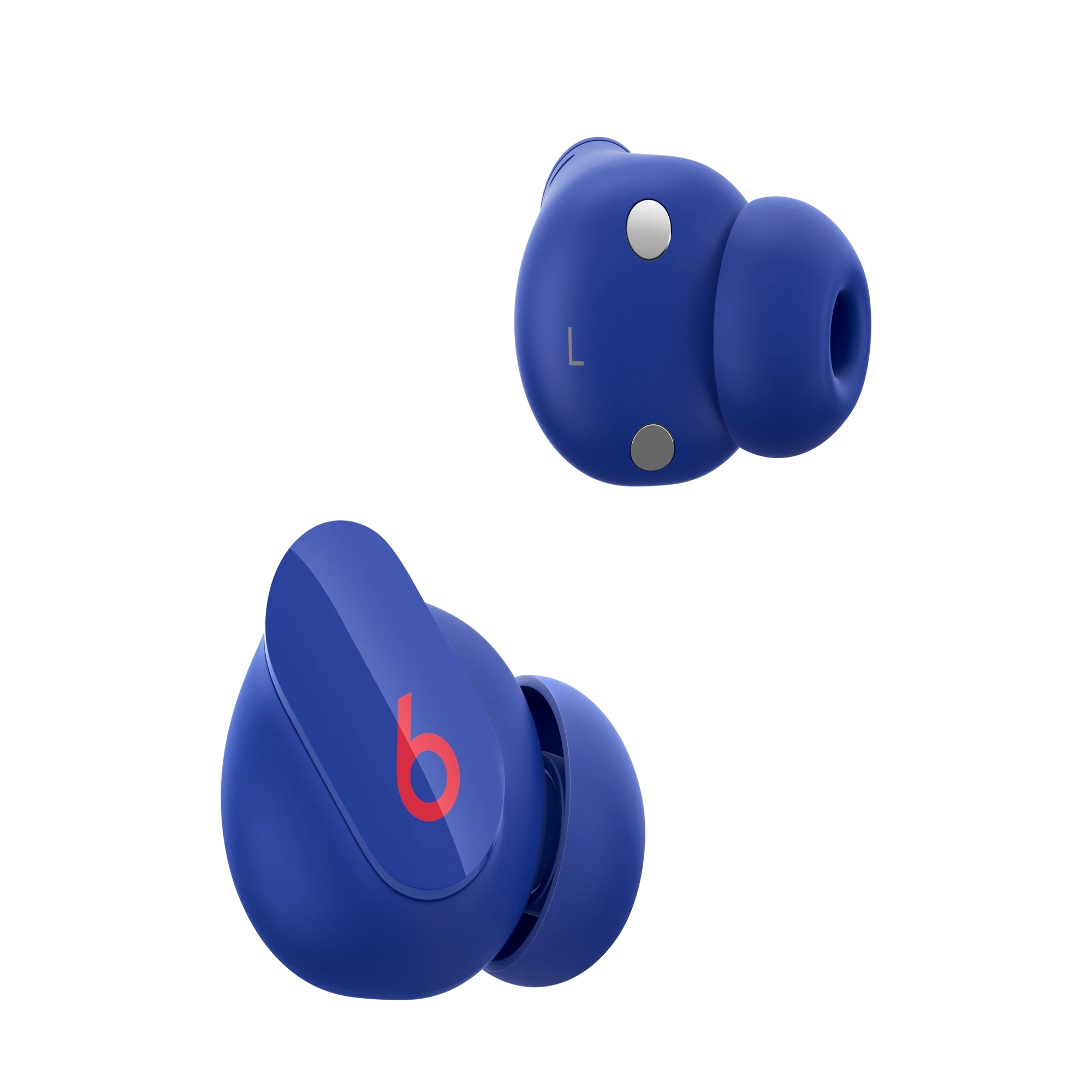 Dwa niebieskie bezprzewodowe słuchawki z logo Beats na białym tle.