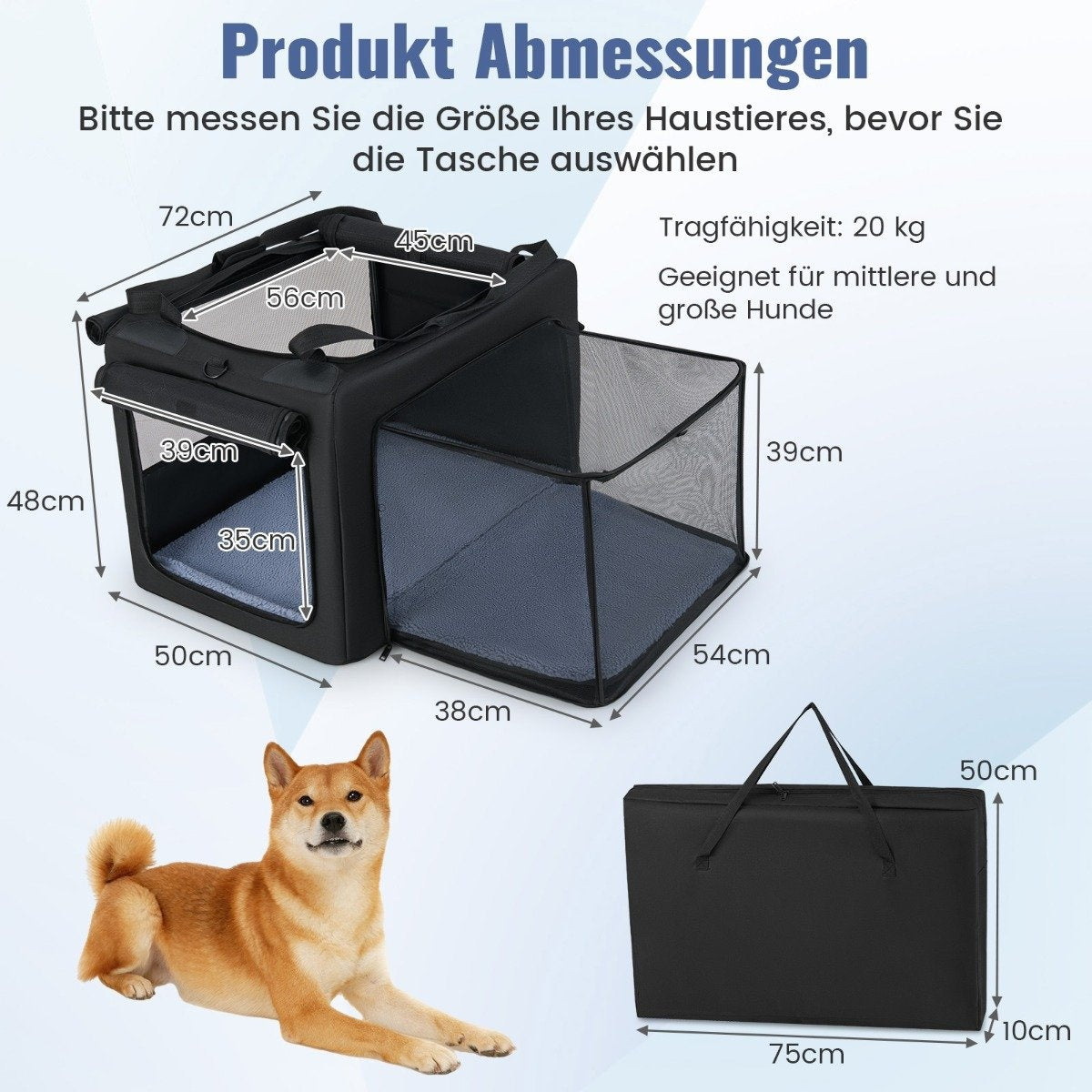 La imagen muestra un transportín para mascotas con dimensiones, un perro y un transportín plegado. El texto indica capacidad y idoneidad.