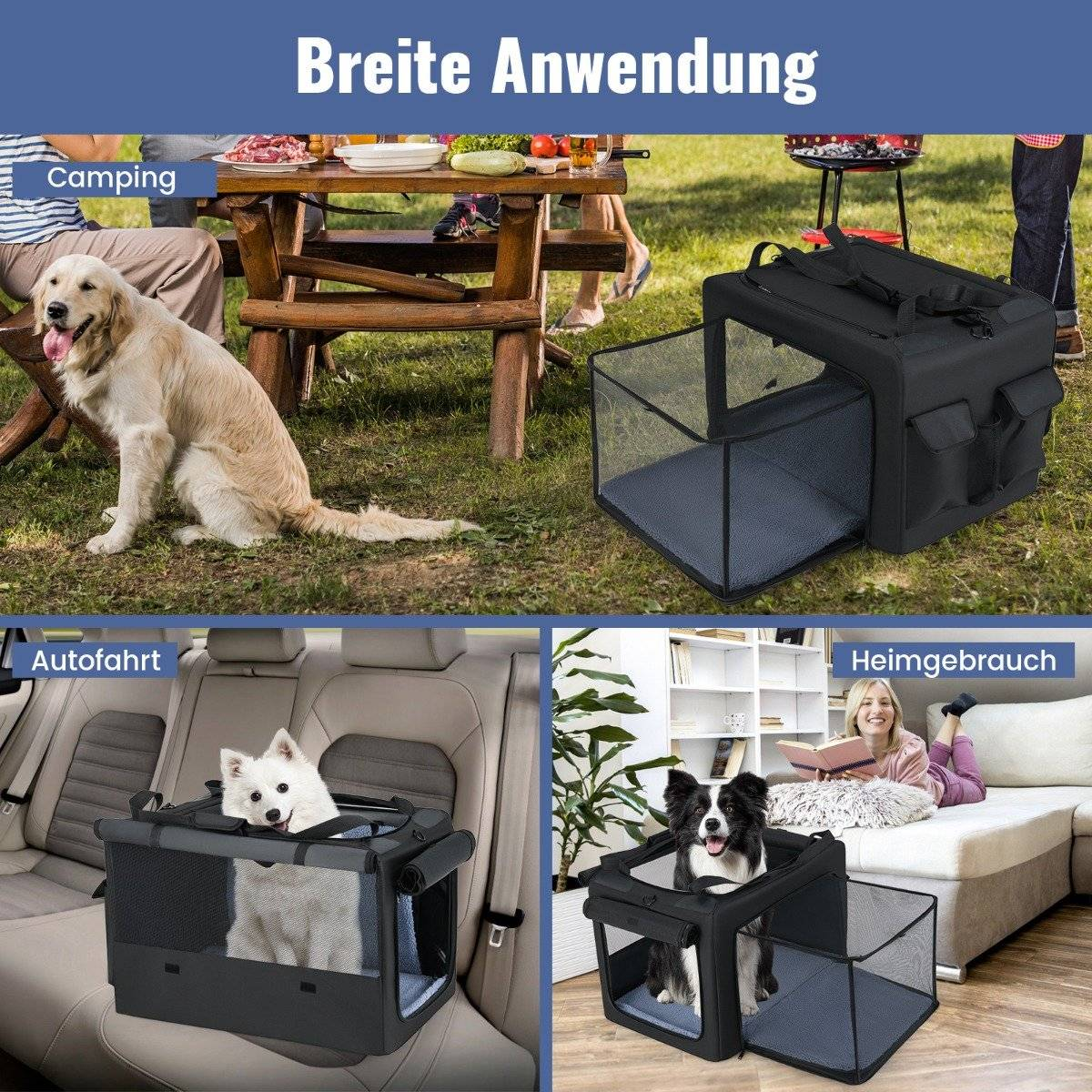 La imagen muestra transportines para perros en diferentes entornos: camping, coche y hogar. Los perros están dentro de los transportines.