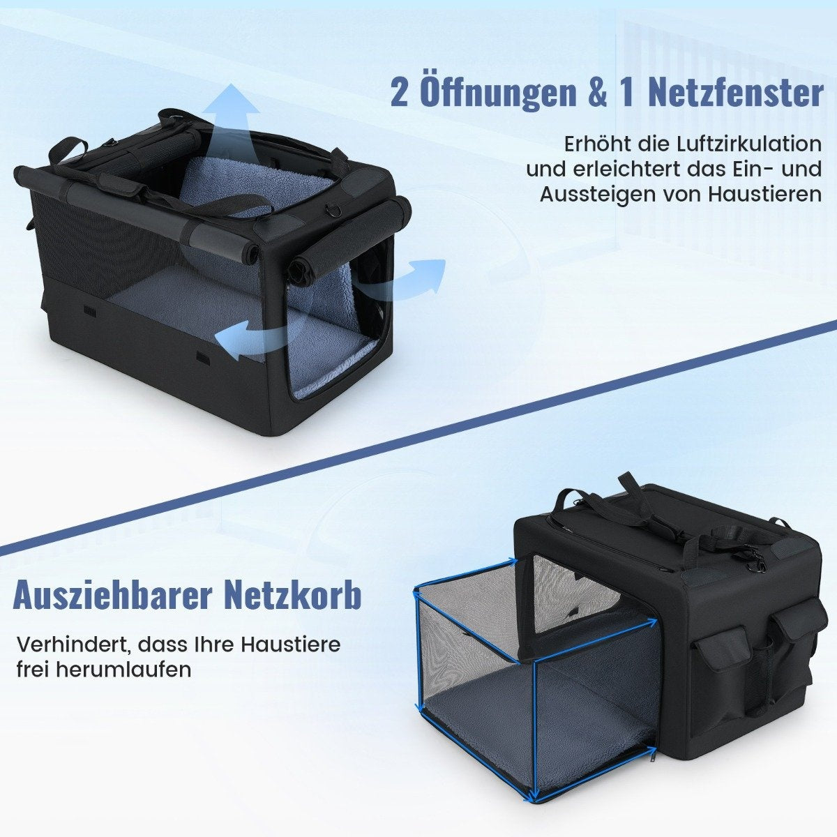 Transportín negro para mascotas con ventana de malla y un cerramiento de malla extensible. Texto en alemán describe características como flujo de aire y contención.