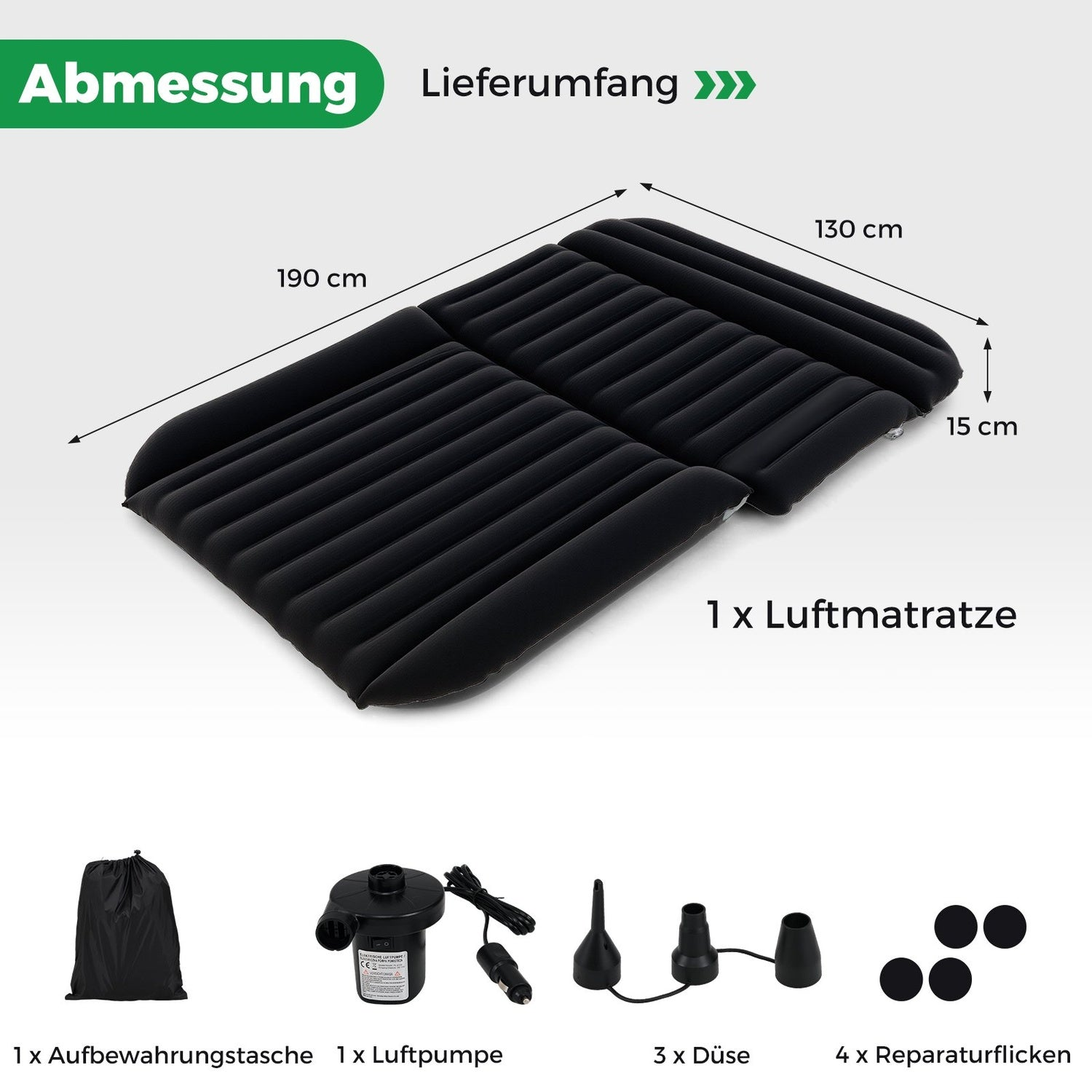 Se muestra un colchón inflable negro con dimensiones. Los accesorios incluyen una bomba, bolsa de almacenamiento, boquillas y parches de reparación.