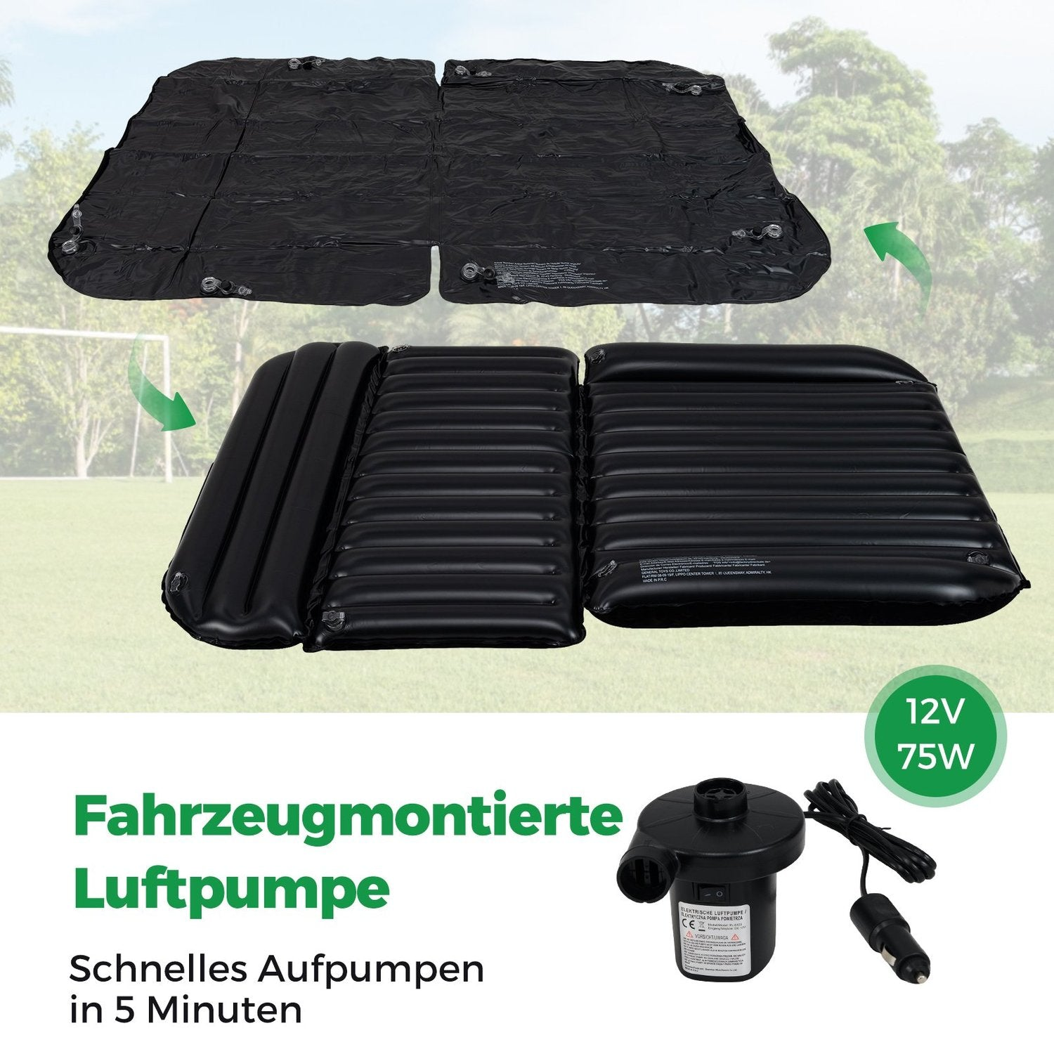 Colchón inflable negro para coche y bomba. Texto: Fahrzeugmontierte Luftpumpe. 12V 75W.