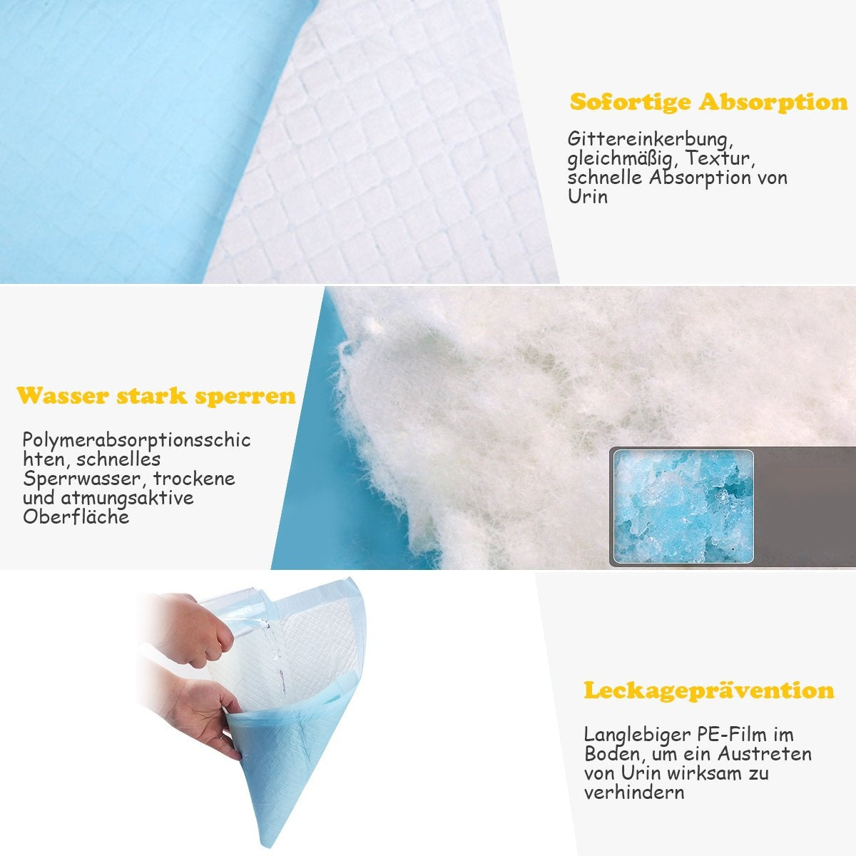 La imagen muestra una almohadilla absorbente azul y blanca. El texto destaca características como absorción rápida, capa impermeable y prevención de fugas.