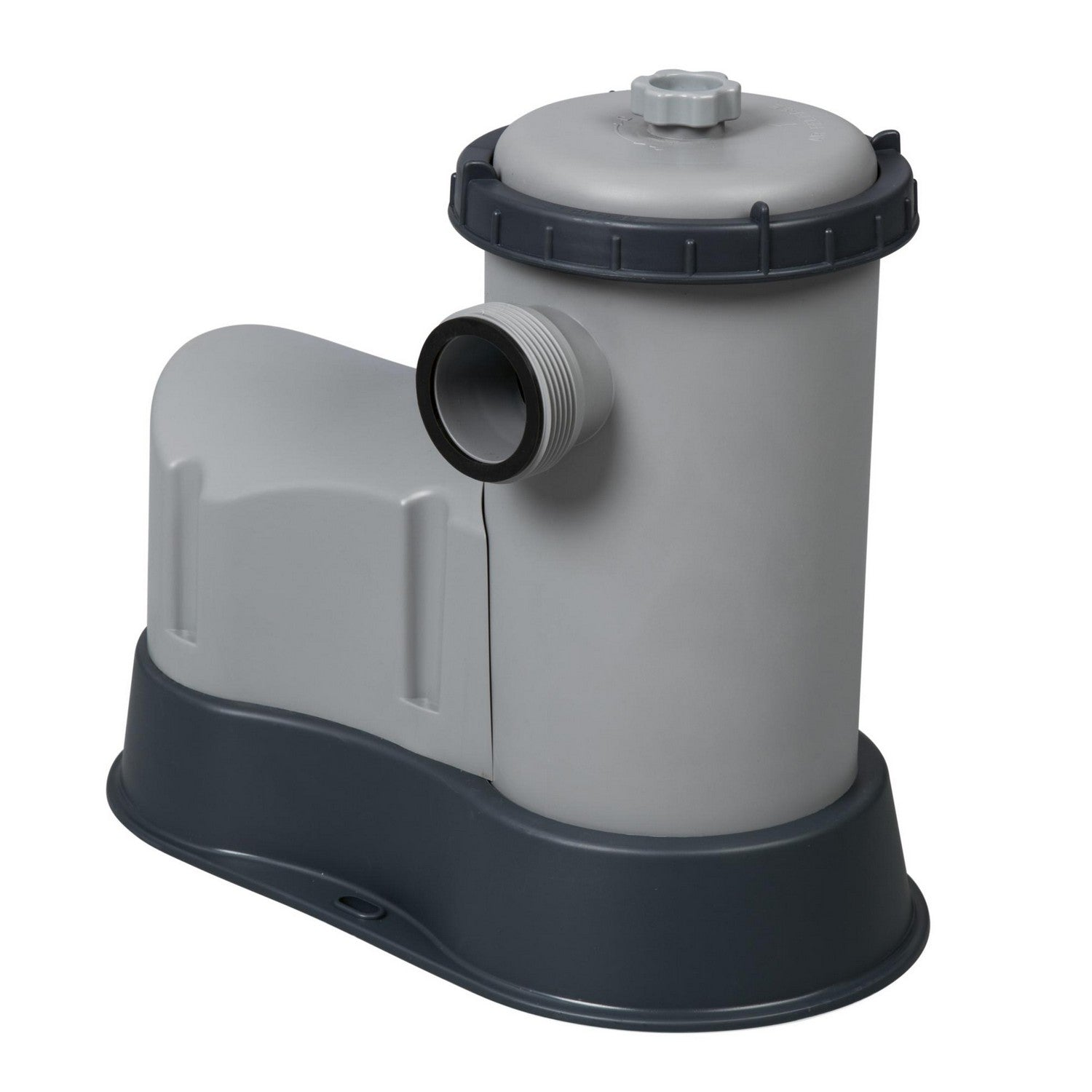 Un filtro de piscina gris y gris oscuro. Tiene forma cilíndrica, con entrada/salida, tapa superior y base.