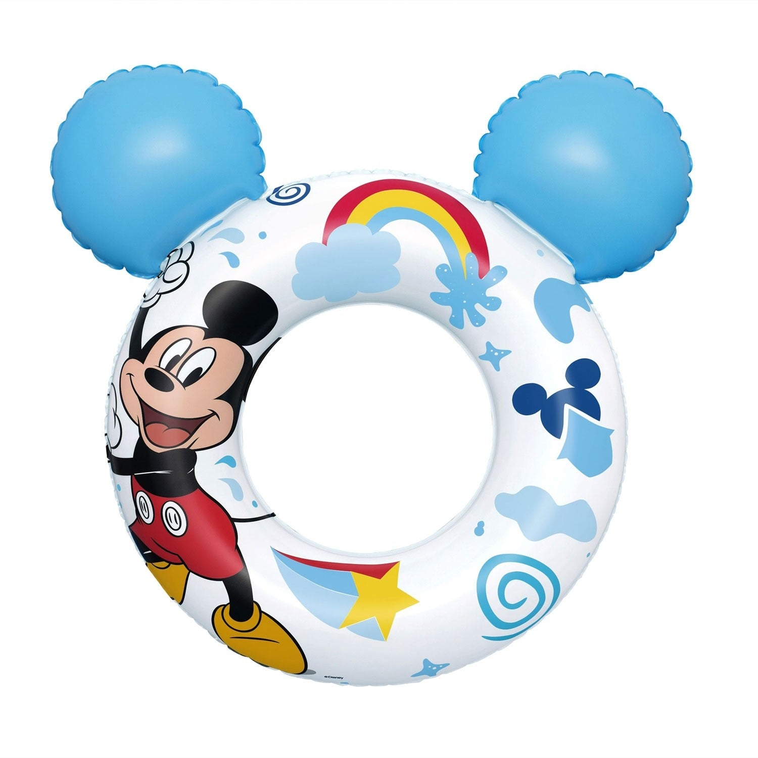 Anillo inflable de Mickey Mouse con orejas azules, arcoíris, ilustración de Mickey, estrellas y nubes sobre fondo blanco.