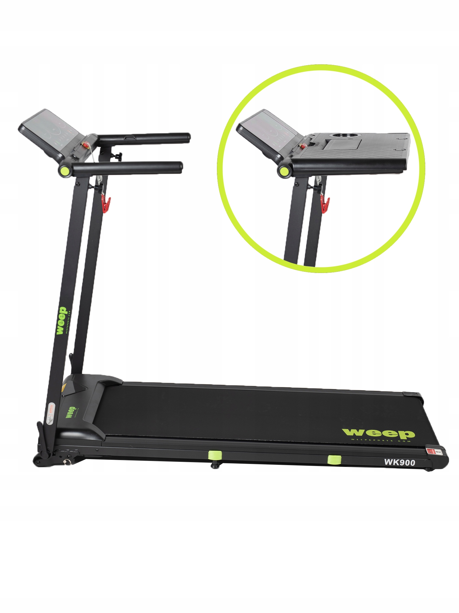 Czarna bieżnia z wyświetlaczem. Widoczna marka 'weep'. Posiada uchwyty i powierzchnię do biegania. Model WK900.