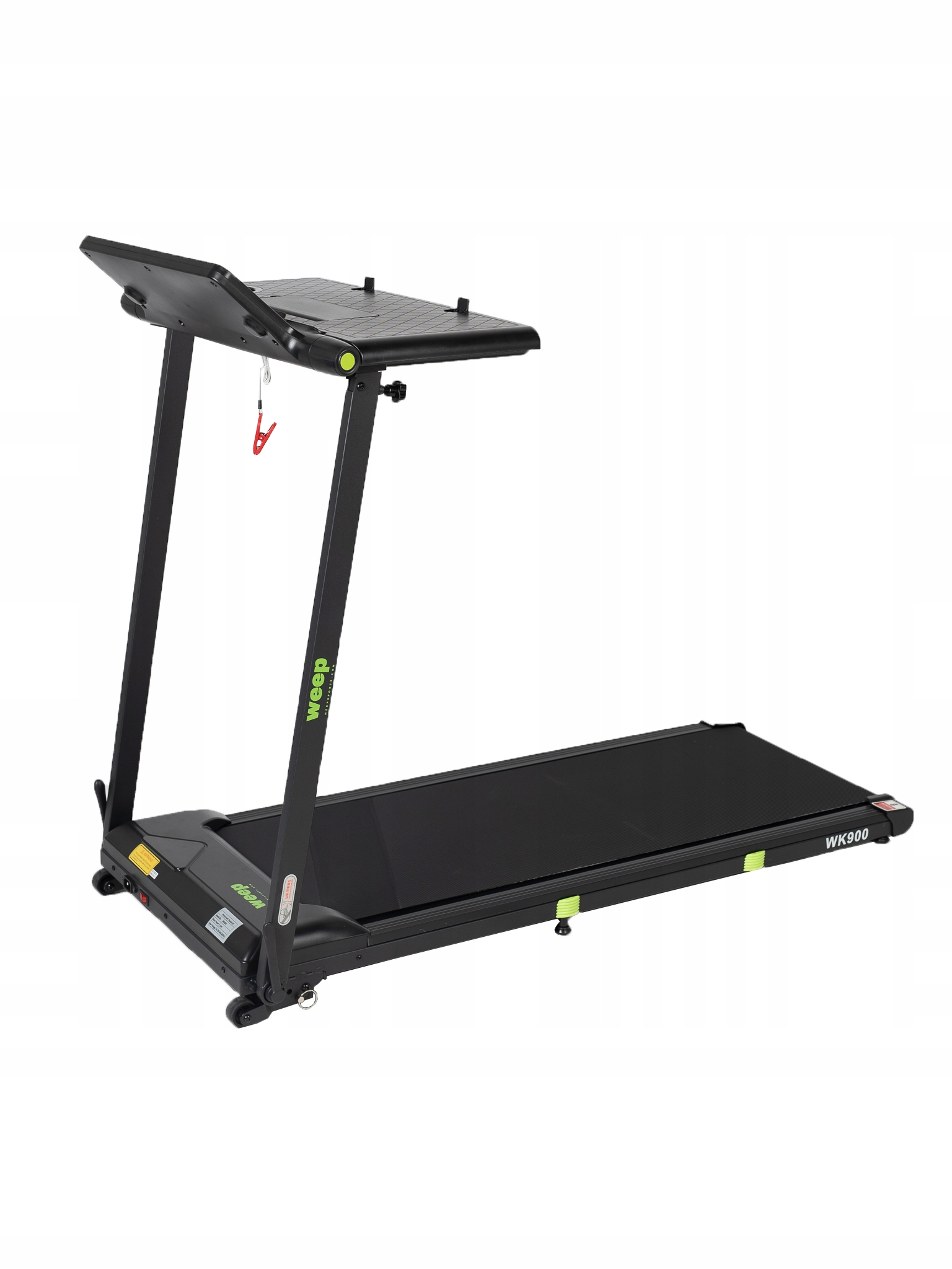 Czarna bieżnia z wyświetlaczem. Widoczna marka 'weep'. Czerwony klips bezpieczeństwa wisi z konsoli. Model to WK900.