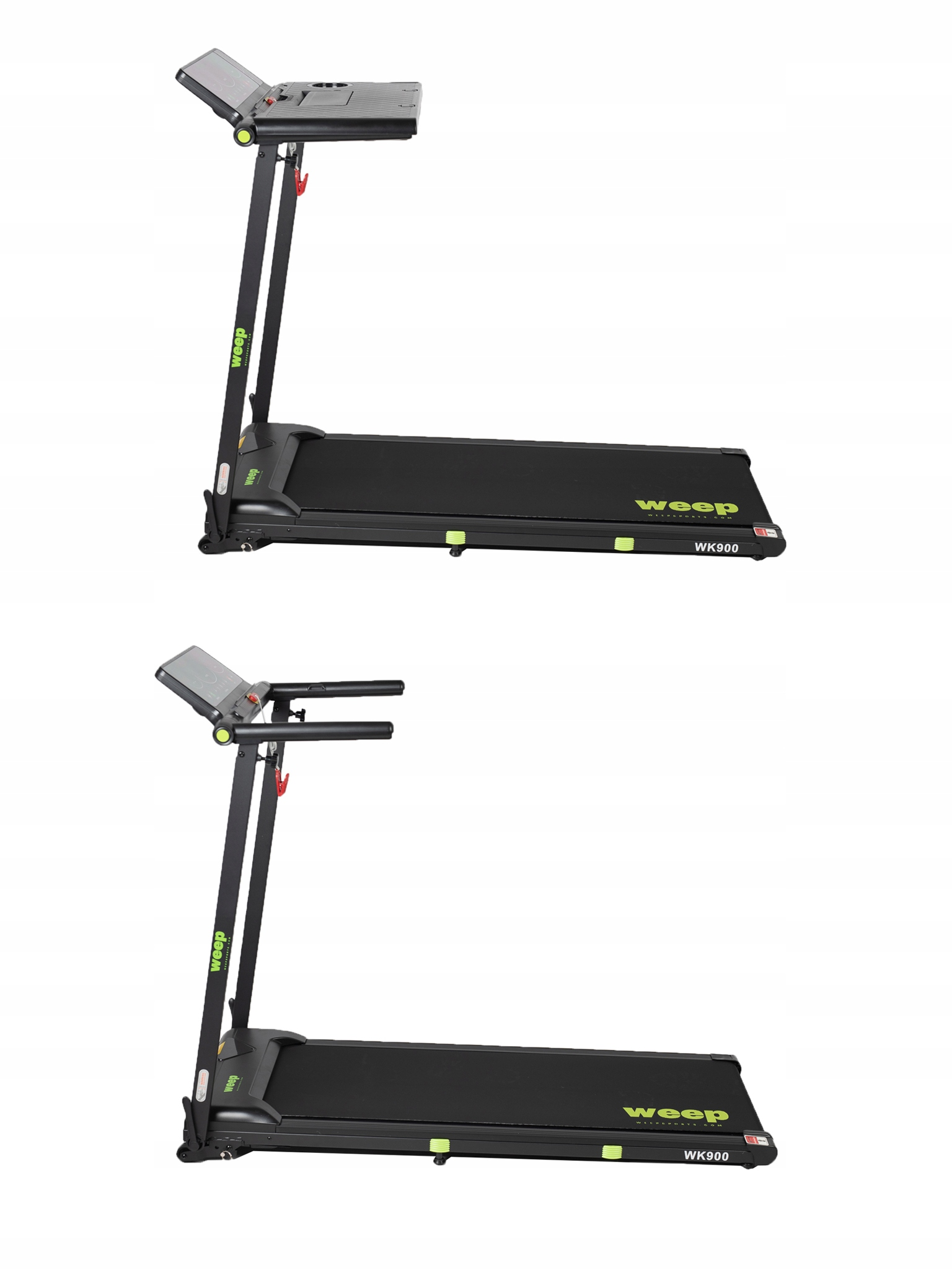 Dwie bieżnie. Kolor czarny i zielony. Bieżnia ma cyfrowy ekran i podłokietniki. Marka to 'weep', model 'WK900'.