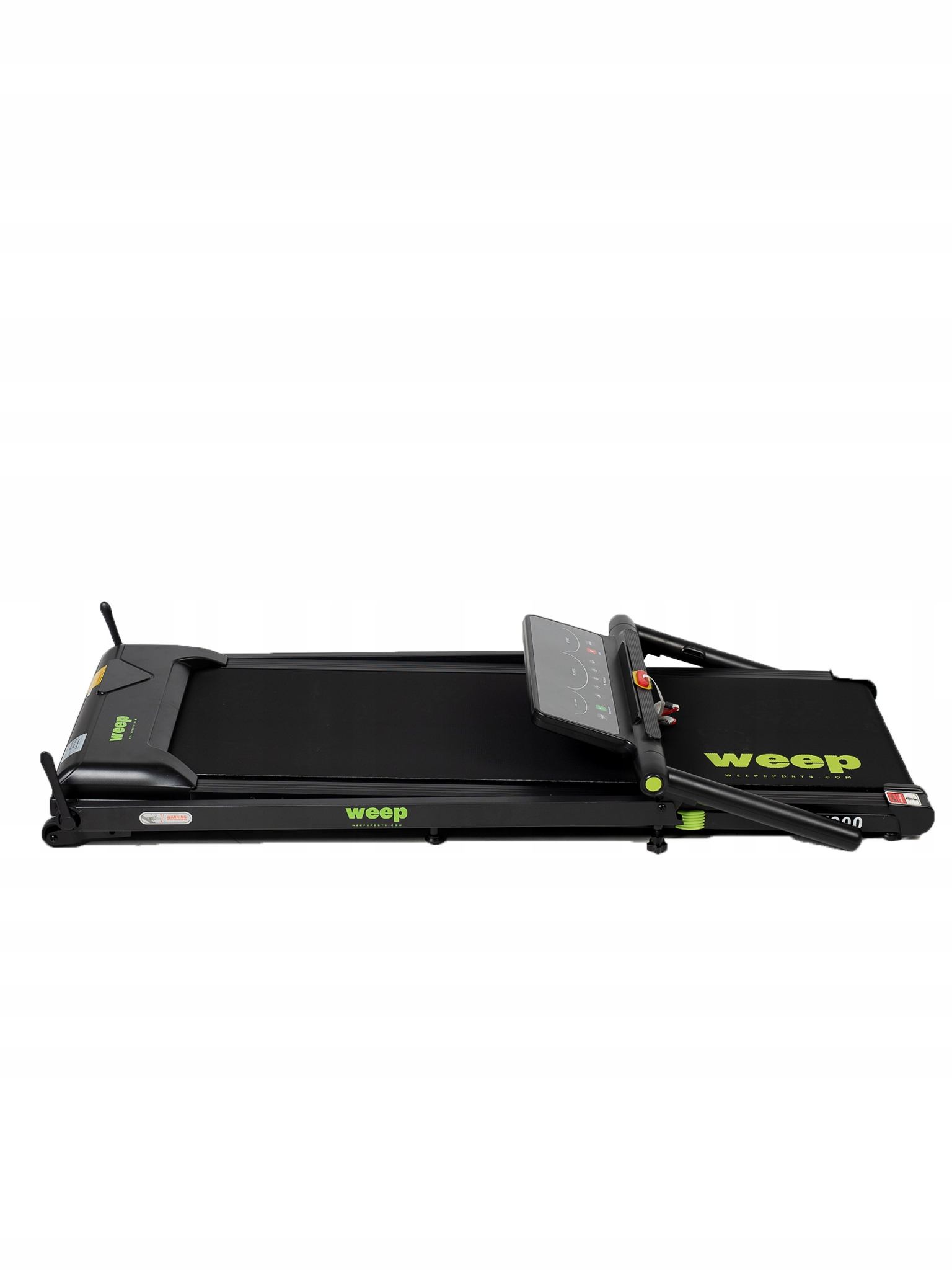 Czarna bieżnia z zielonymi akcentami, marki 'weep'. Posiada panel sterowania i jest złożona.
